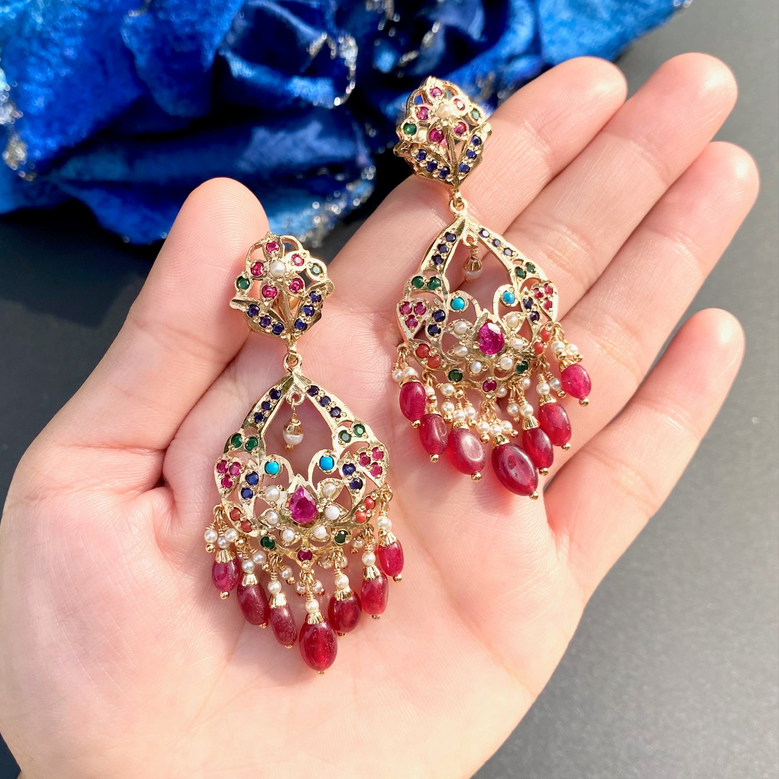 Navratna Danglers with Red Drops | Trendy Jadau Earrings BER 001
