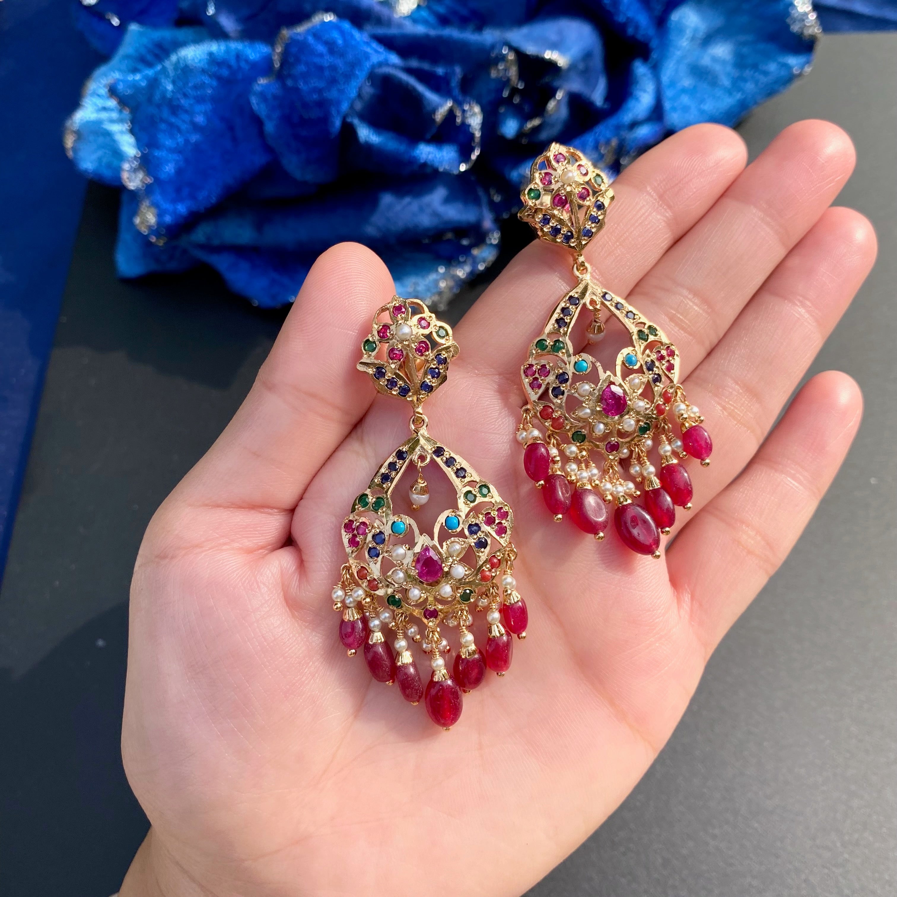 Navratna Danglers with Red Drops | Trendy Jadau Earrings BER 001