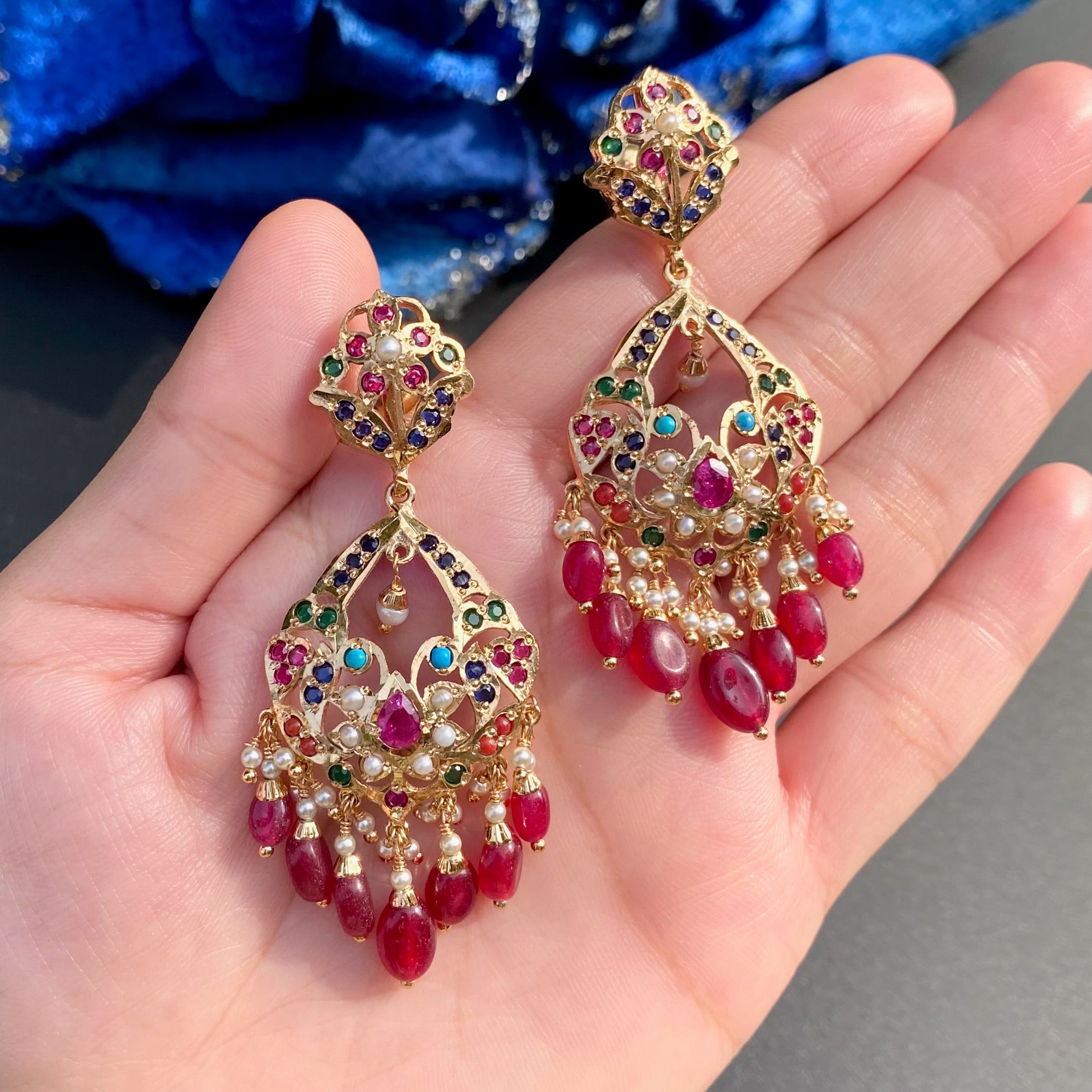 Navratna Danglers with Red Drops | Trendy Jadau Earrings BER 001