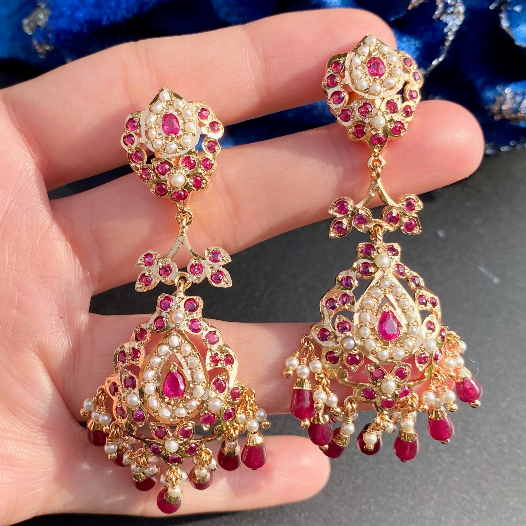 Cute Jadau Dangler Earrings | Pearls & Red Drops | Ethnic Fashion Earrings BER 016