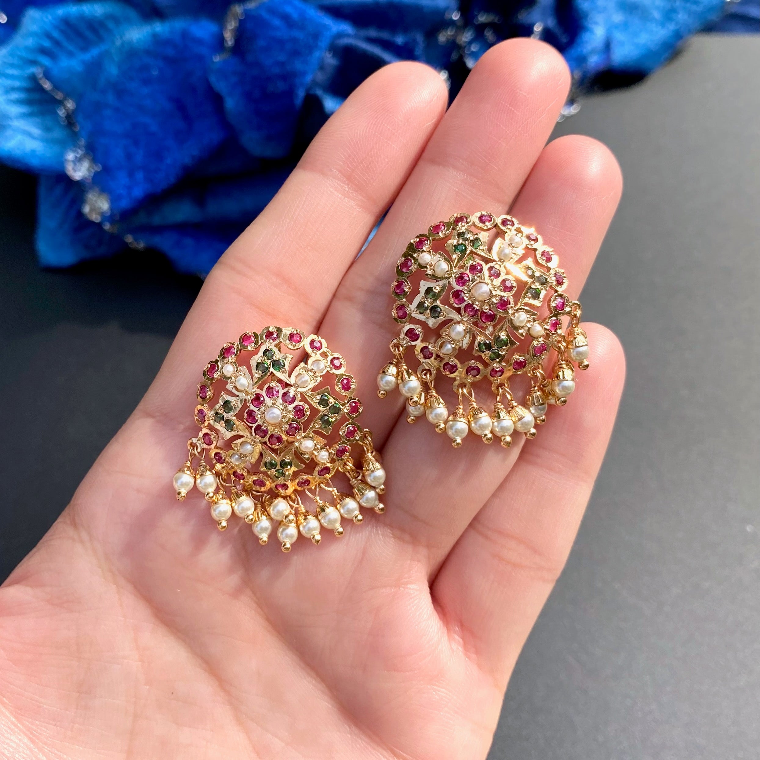 Round Jadau Tops | Pearl Ruby Emerald Combination BER 019