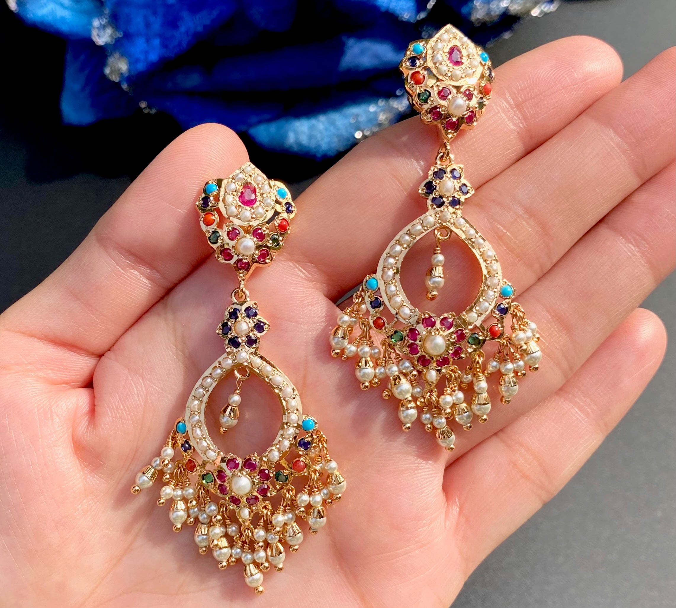 Elongated Navratna Chandbali | Gold Plated Jadau Earrings BER 024