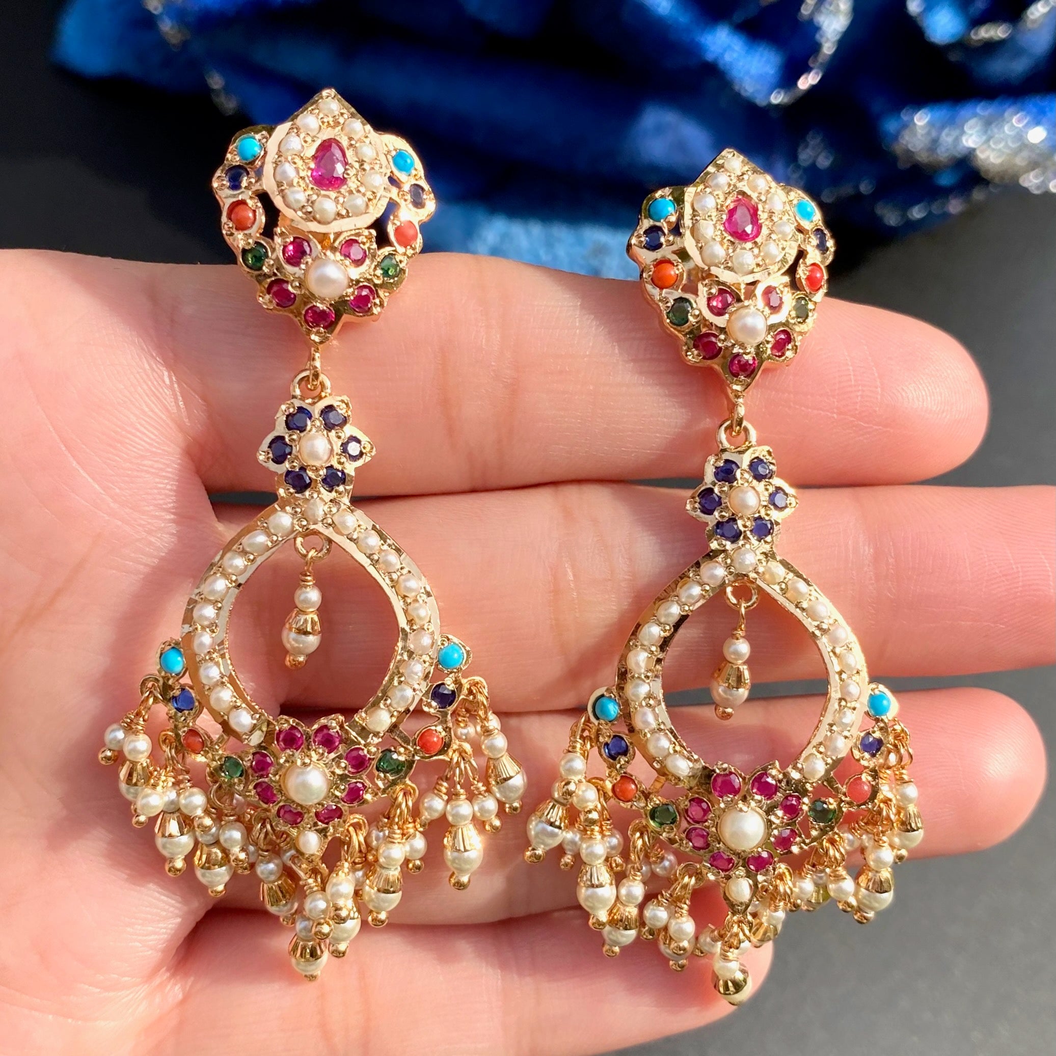 Elongated Navratna Chandbali | Gold Plated Jadau Earrings BER 024