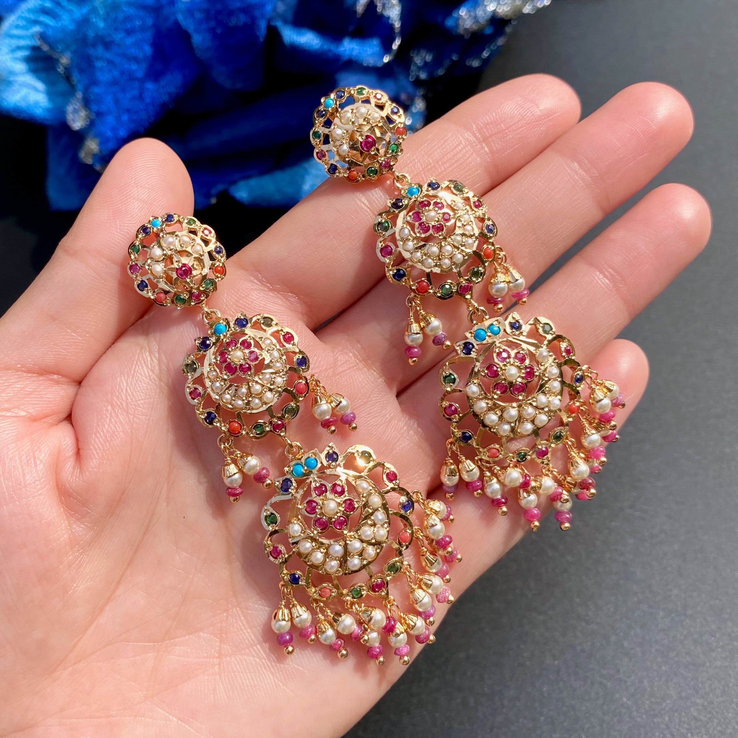 Long Navratna Danglers | Gold Plated on Mixed Metal BER 022