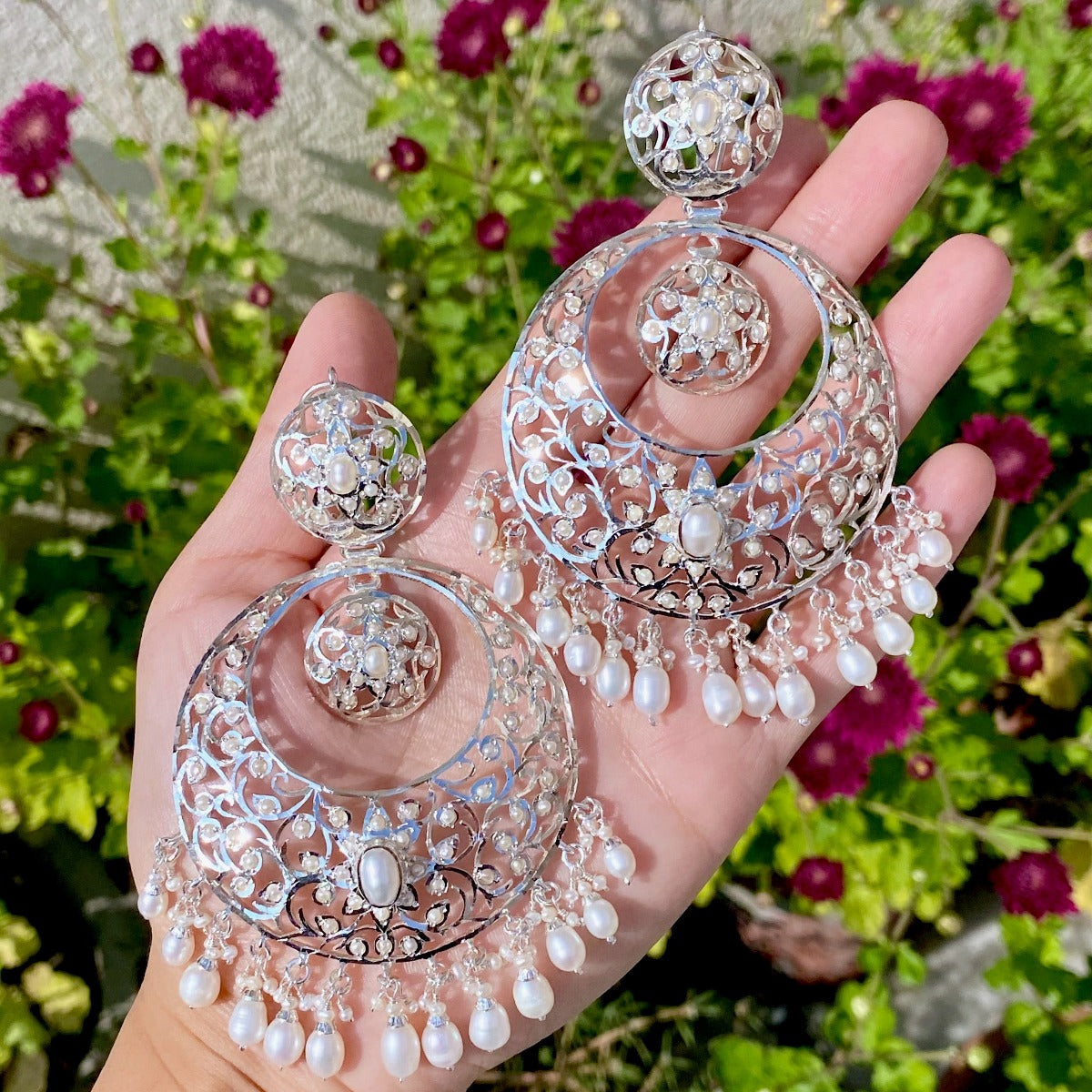 Sterling Silver Pearl Chandbali Earrings SER 050