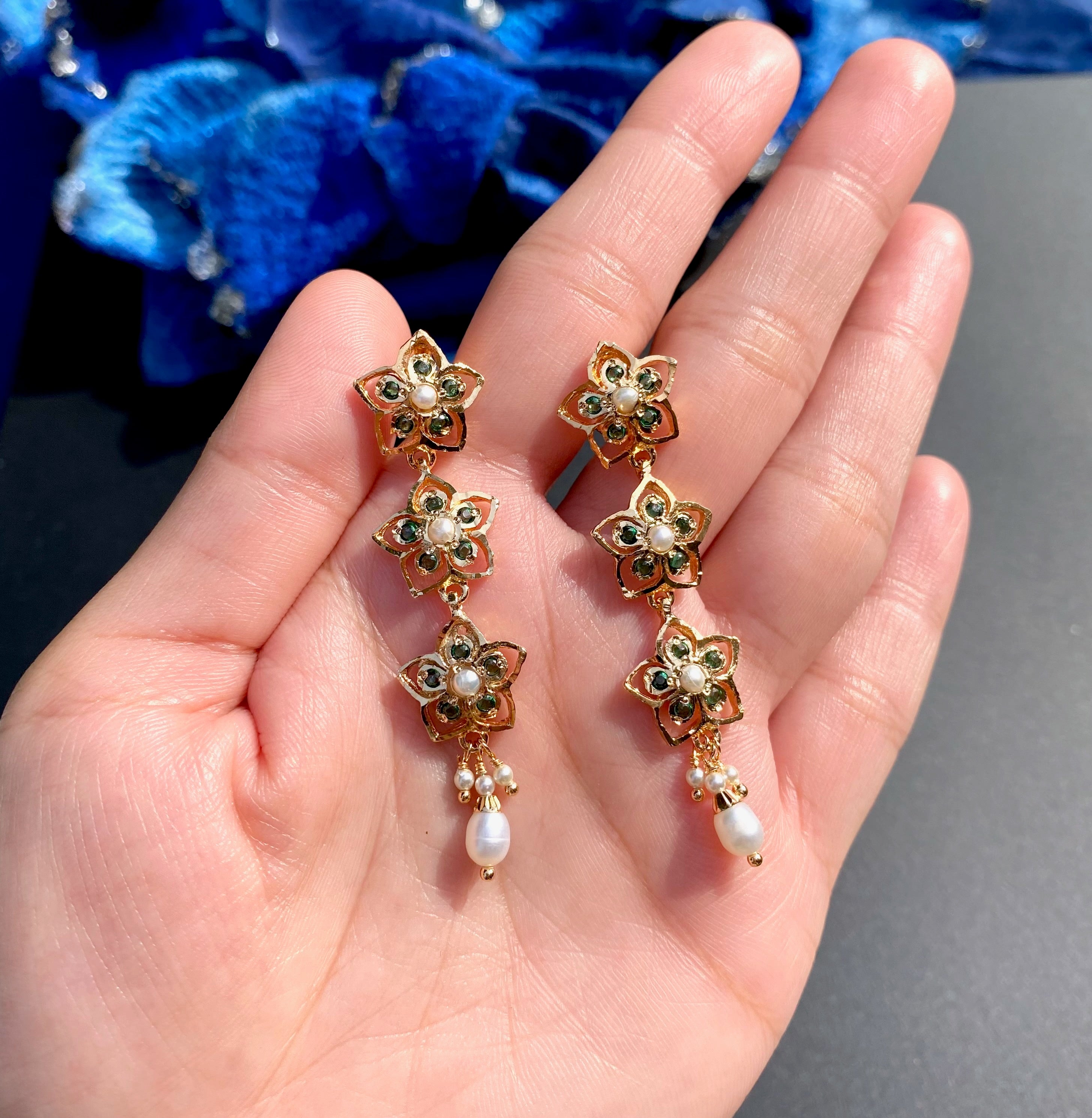 Slender Gold Plated Jadau Earrings | Cute Floral Design in Green Color BER 006