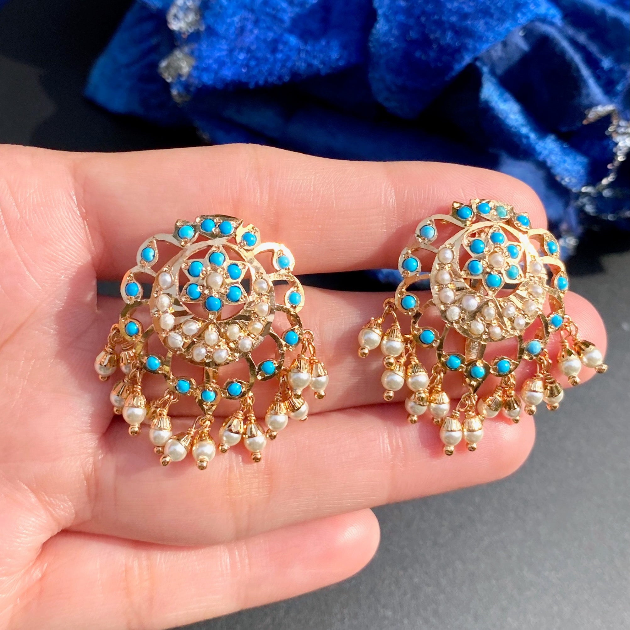 Pearl & Feroza Stud Earrings | Gold Plated Immintation Jadau Jewelry Online BER 021