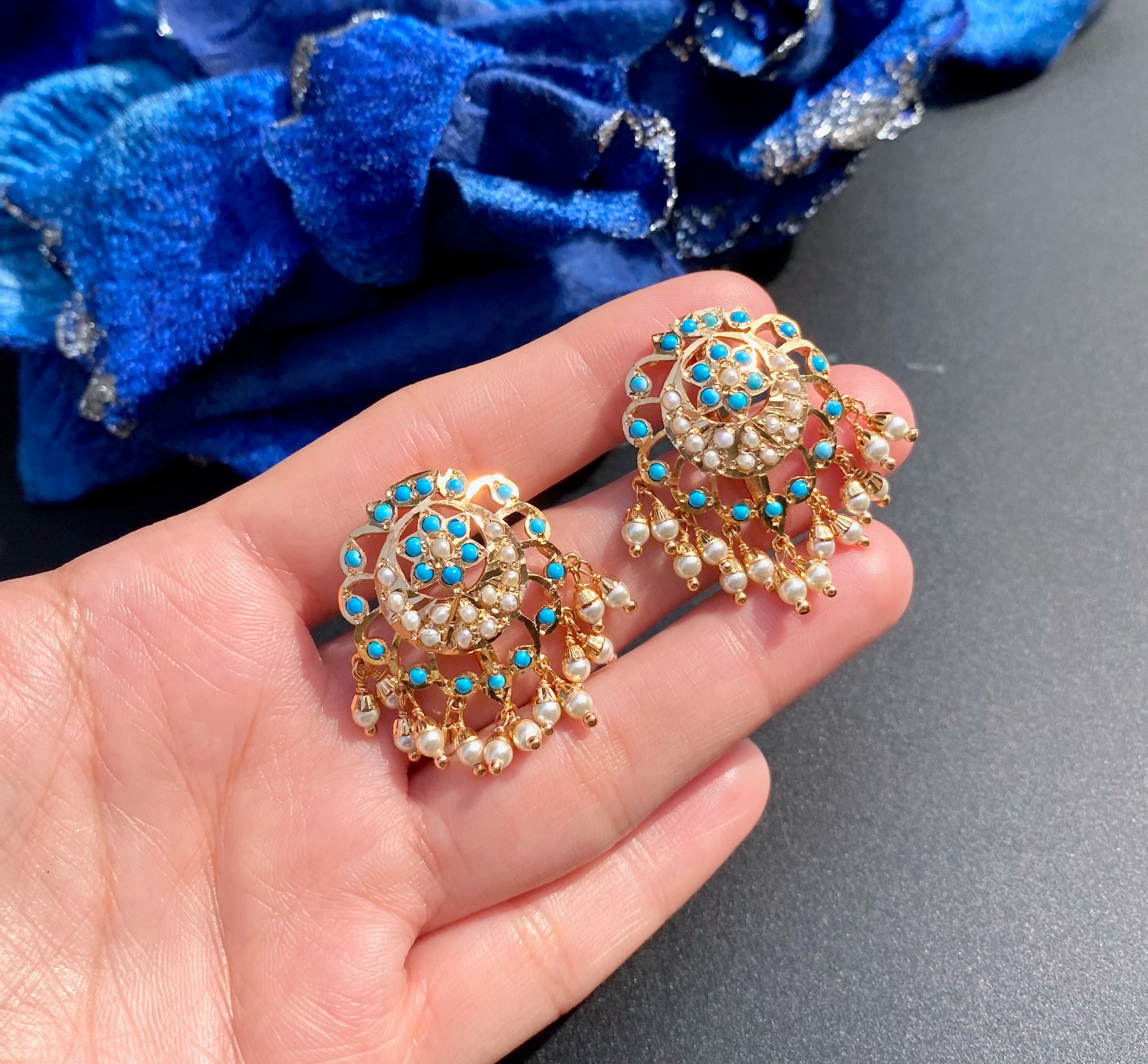 Pearl & Feroza Stud Earrings | Gold Plated Immintation Jadau Jewelry Online BER 021