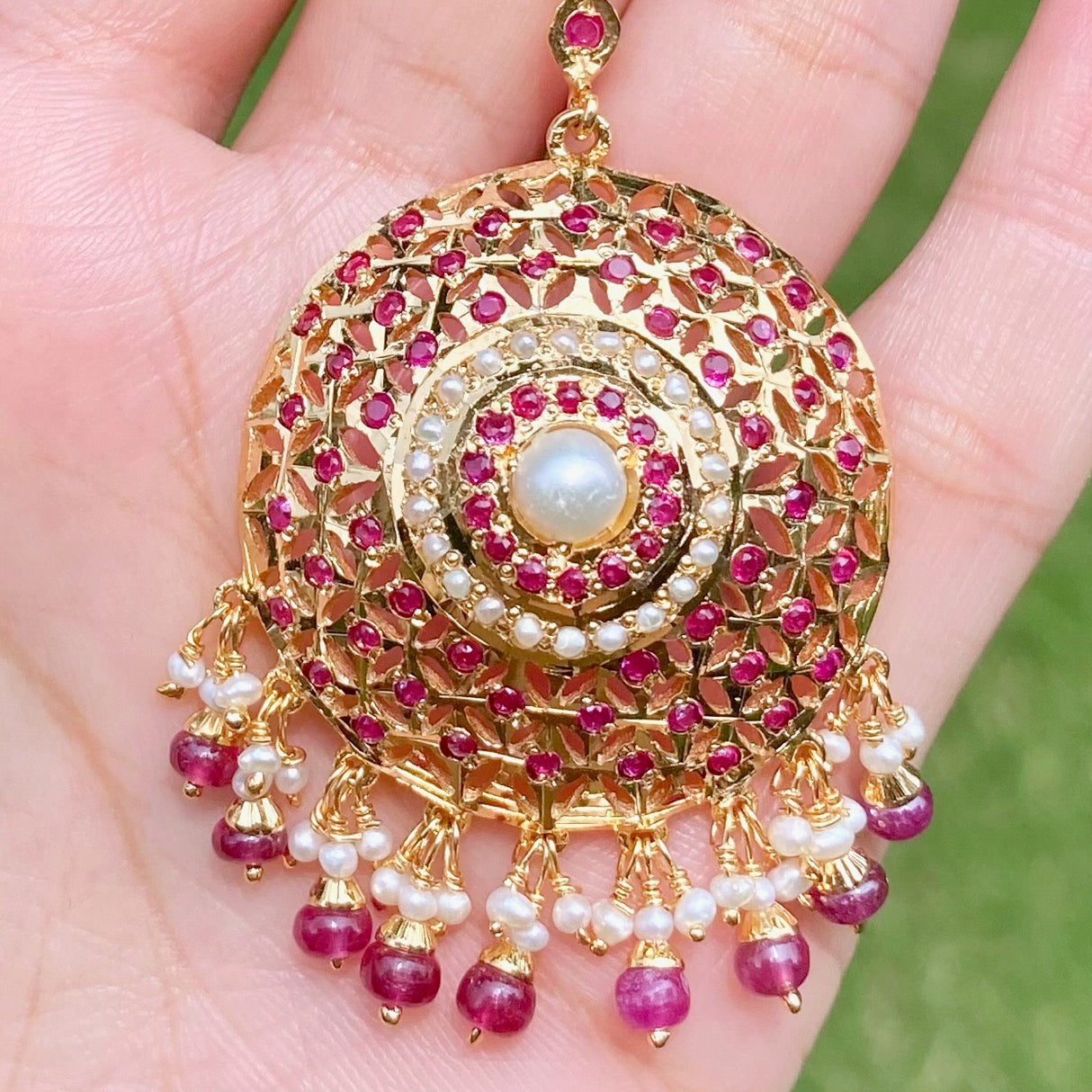 Ruby Mang Teeka | Round Punjabi Tikka For Women | Gold Plated Silver TK 095