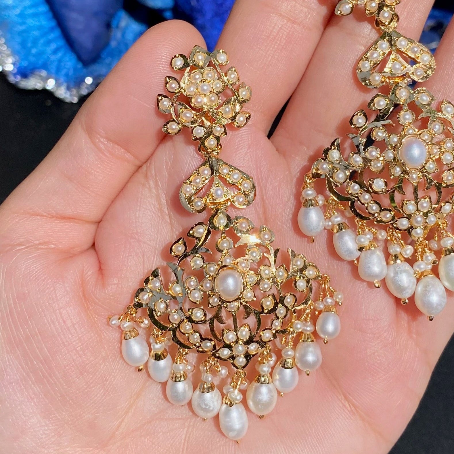 Intricate Silver Earrings studded with Freshwater Pearls | Gold Plated Indian Jewelry ER 612