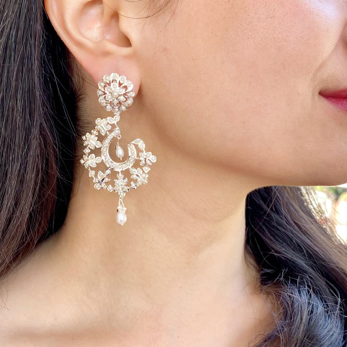 unique pearl earrings on silver for women
