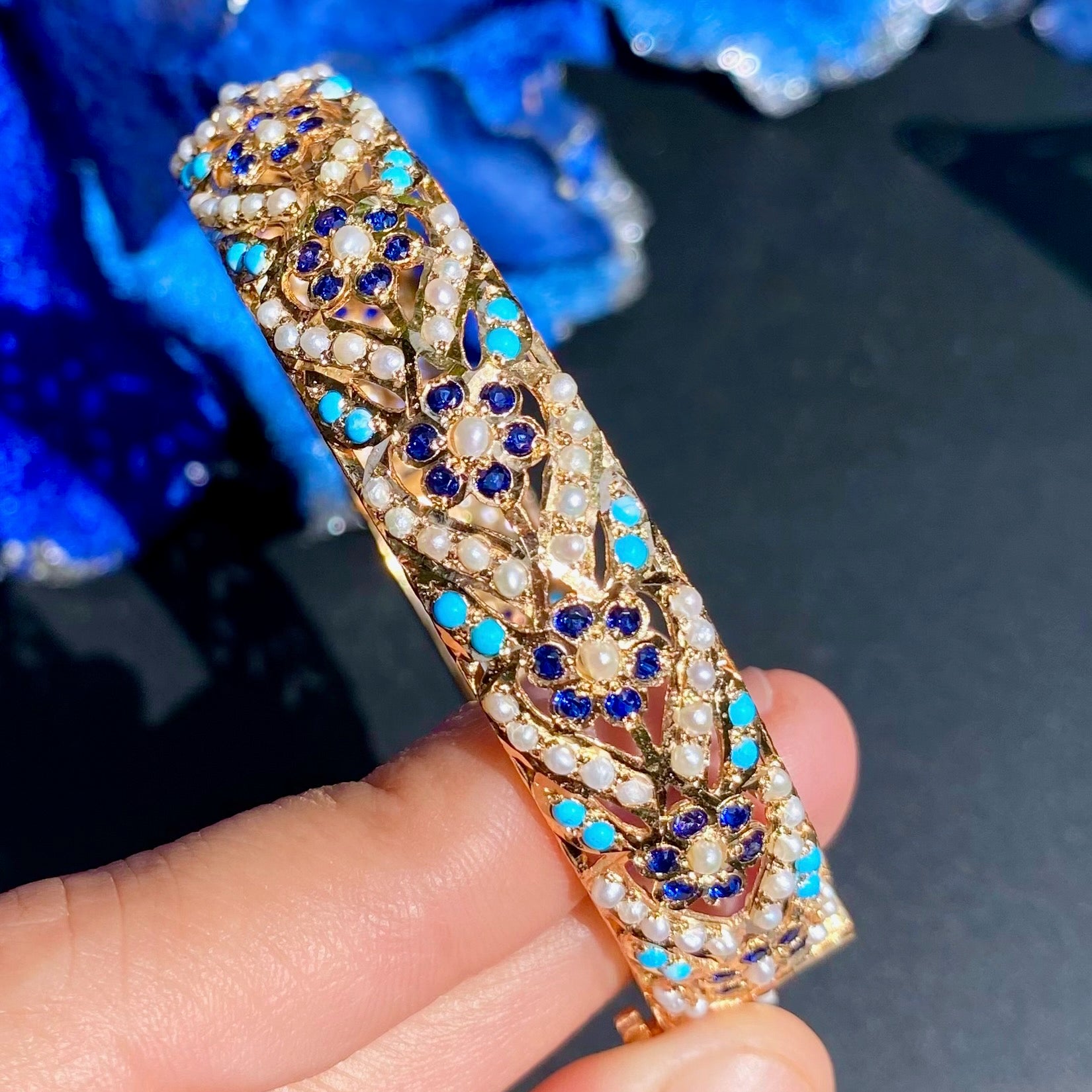 Intricately Crafted Floral Jadau Bangle with Blue Stones | Gold Plated on Silver BG 132