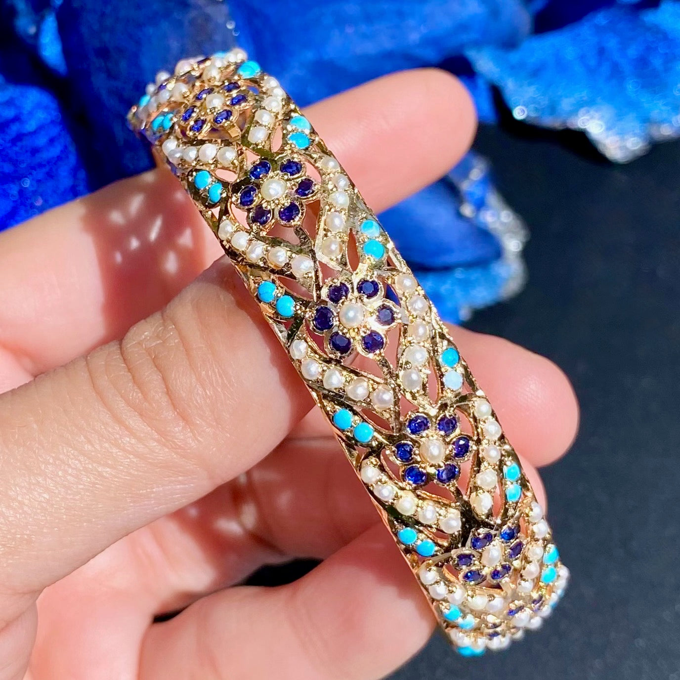 Intricately Crafted Floral Jadau Bangle with Blue Stones | Gold Plated on Silver BG 132