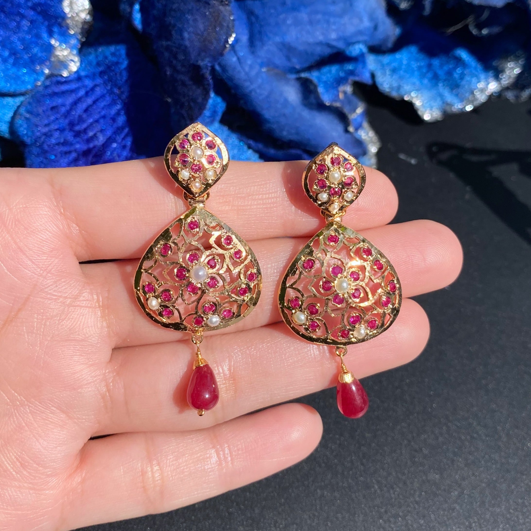 Red Stones Jadau Pendant Set | Unique Floral Design | Sterling Silver Base with Gold Plating PS 128