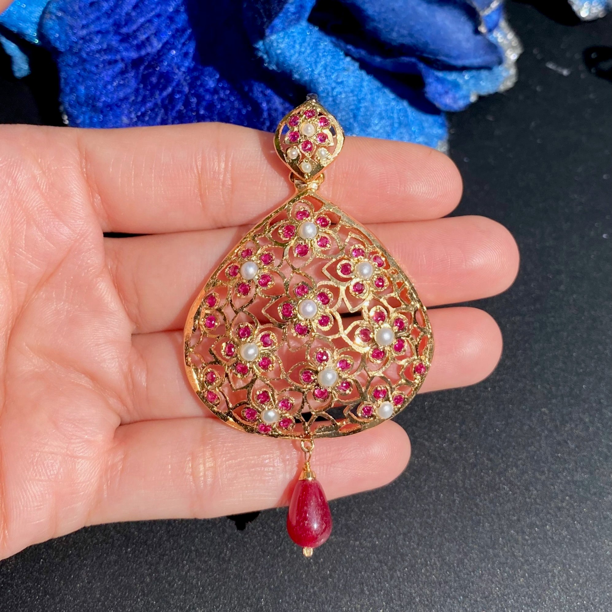 Red Stones Jadau Pendant Set | Unique Floral Design | Sterling Silver Base with Gold Plating PS 128
