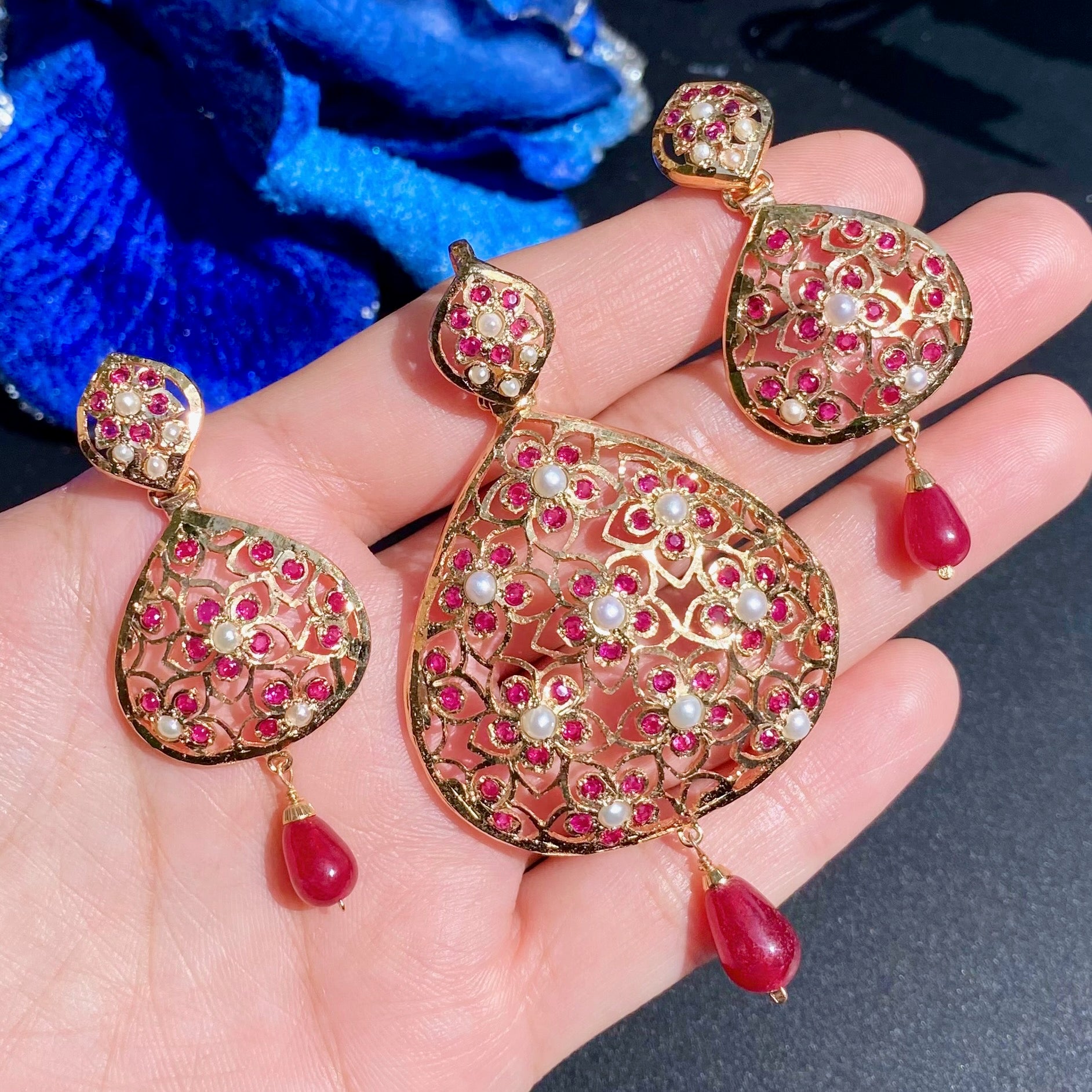 Intricate Jadau Pendant Set with Red Stones | Gold Plated on Silver PS 138