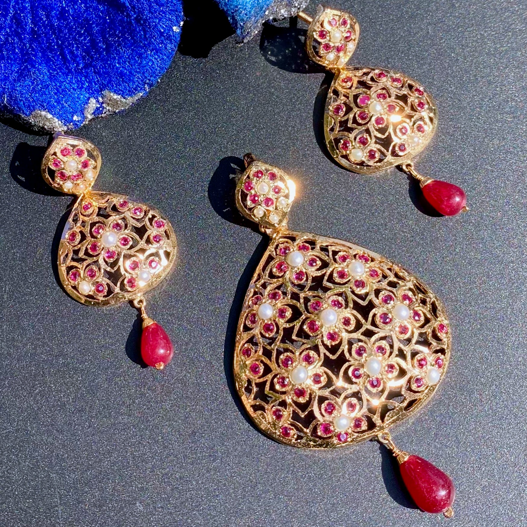 Intricate Jadau Pendant Set with Red Stones | Gold Plated on Silver PS 138
