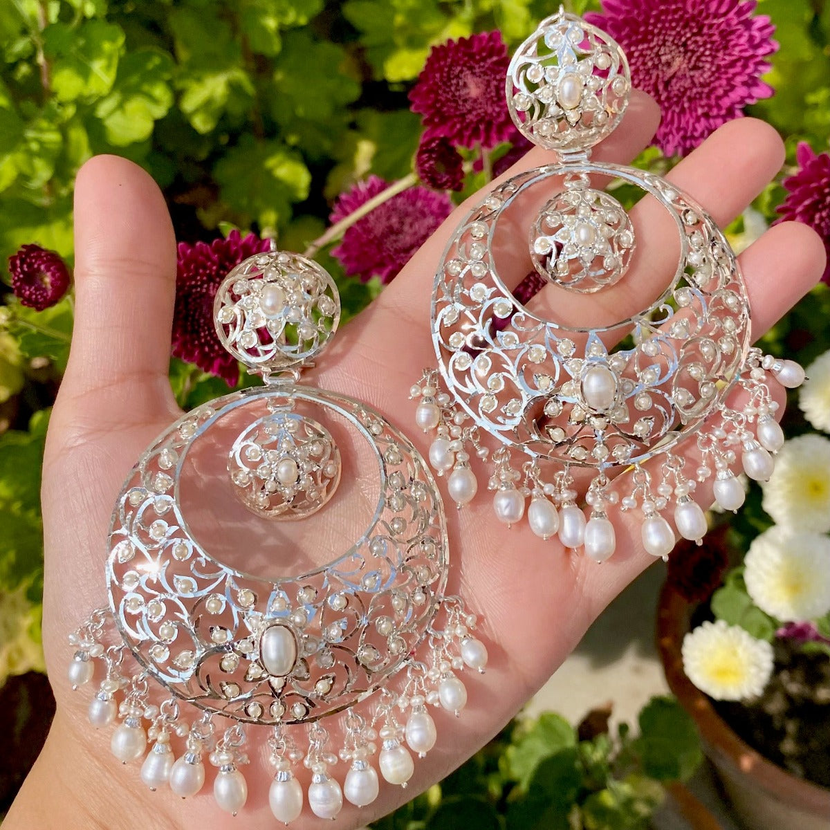 stunning chandbali earrings in sterling silver studded with pearls