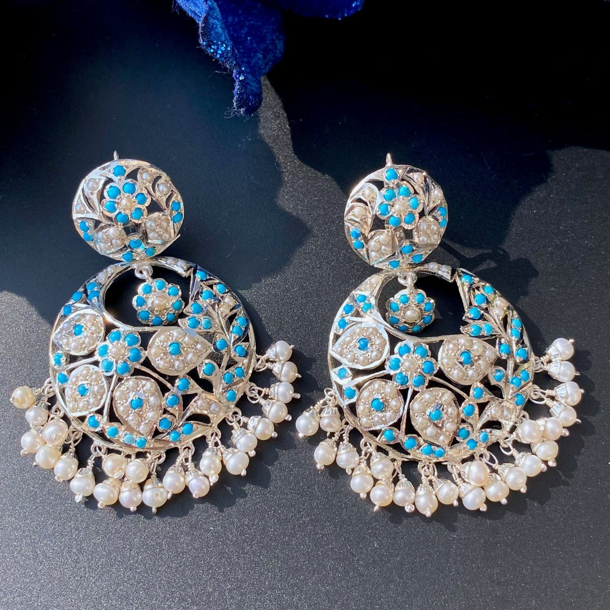 kashmiri design earrings in silver with pearls and feroza