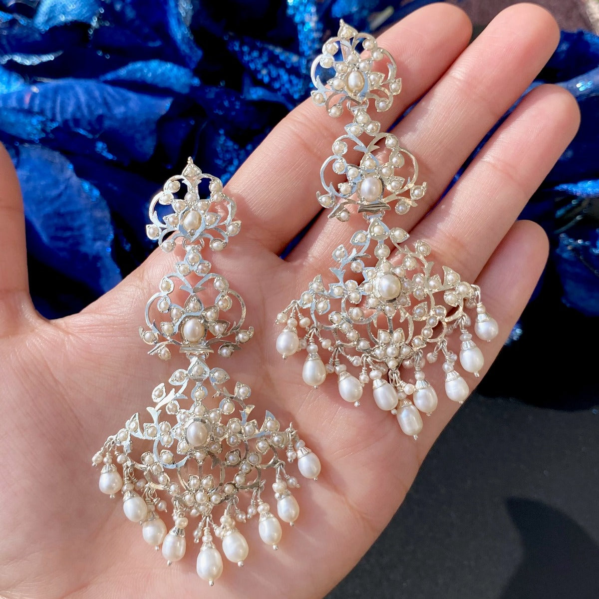 chandelier silver earrings with pearl drops
