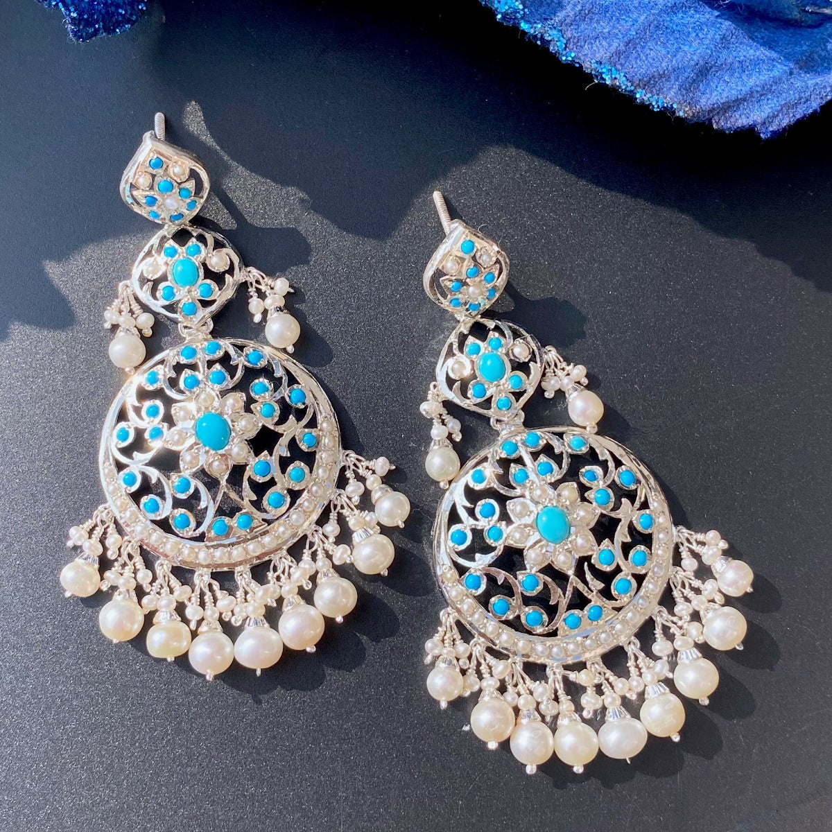silver danglers with pearl drops