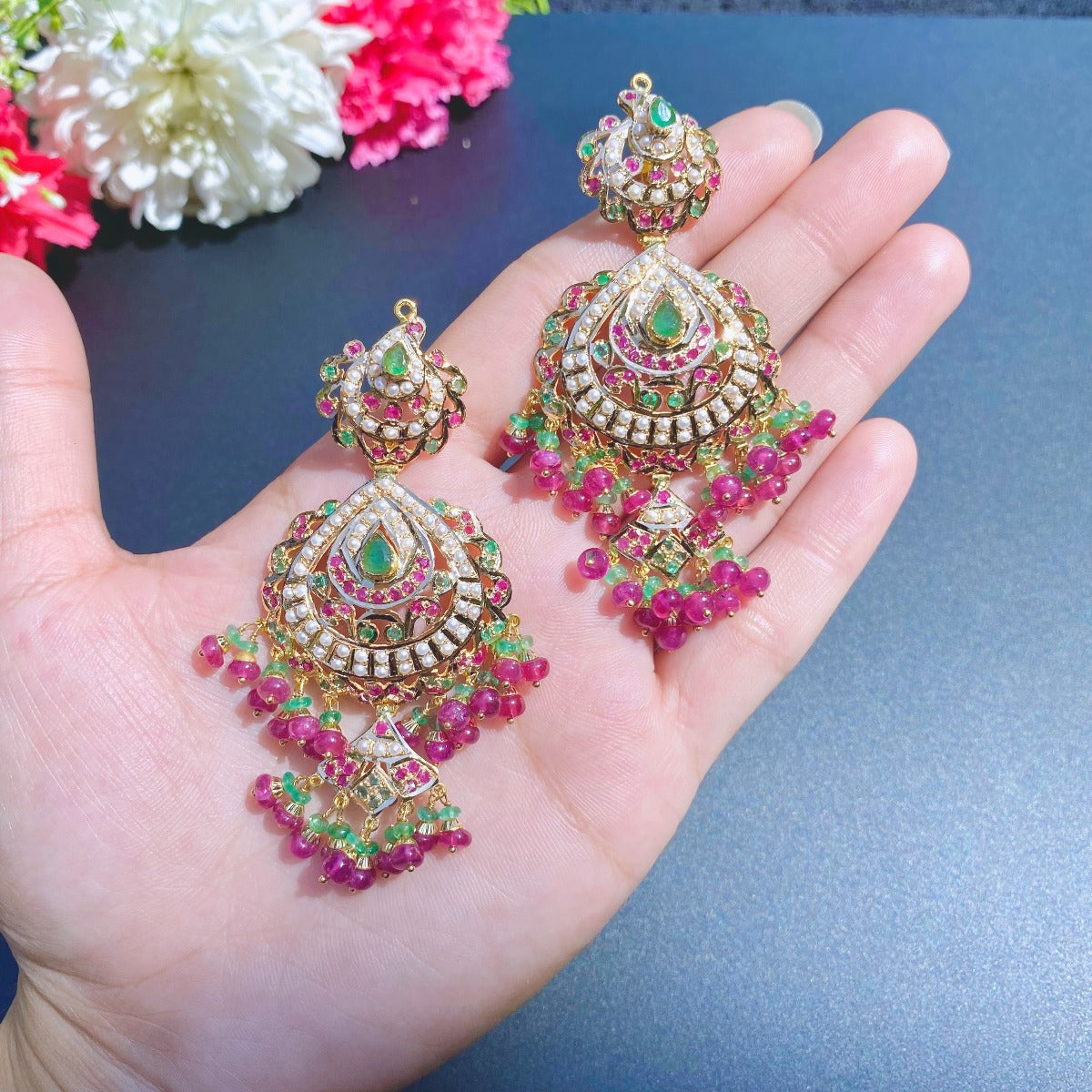 gold  earrings matching the rajasthani necklace with ruby emerald and pearls