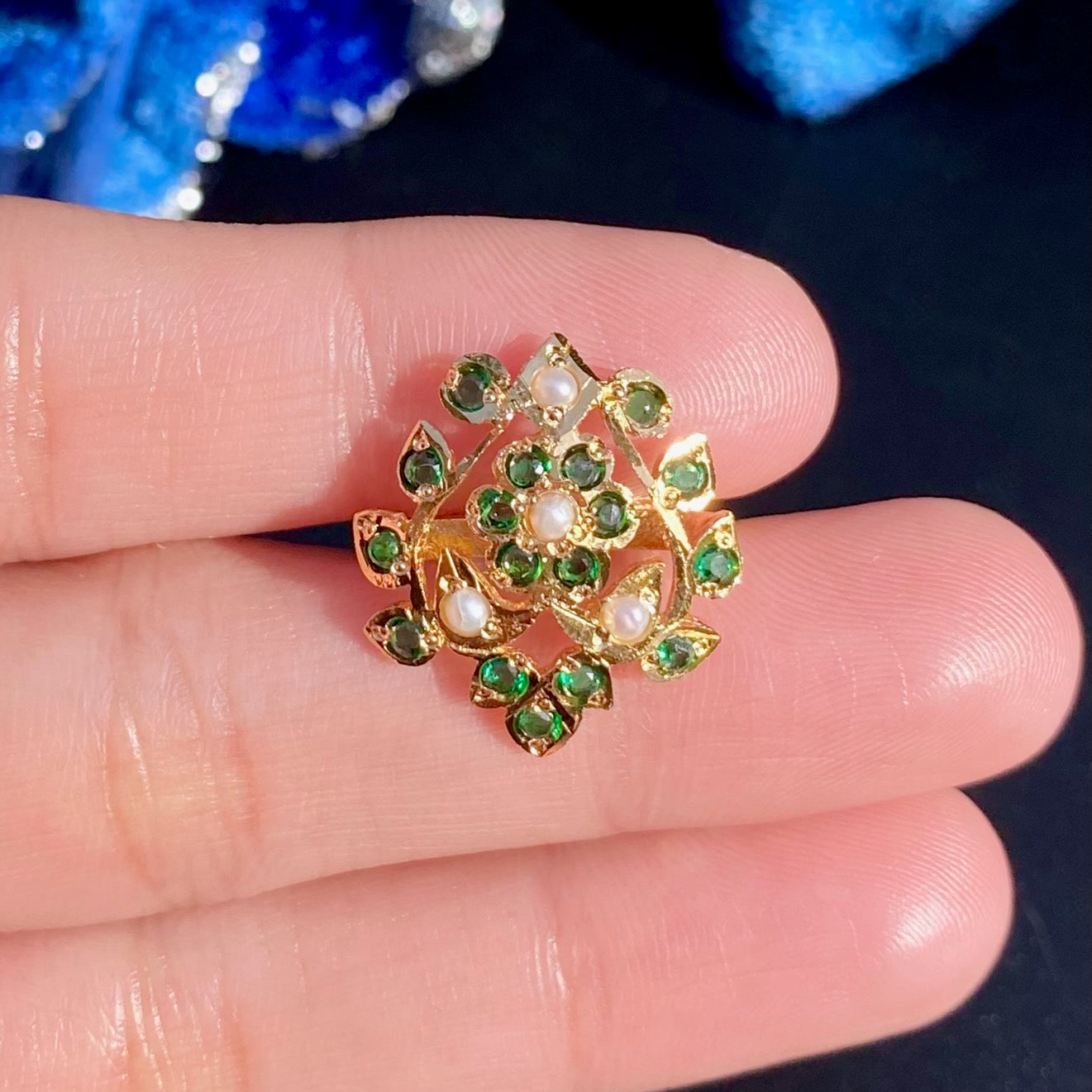 Gold Plated Ladies' Ring with Green Stones & Pearls | Budget Friendly Option BLR 016