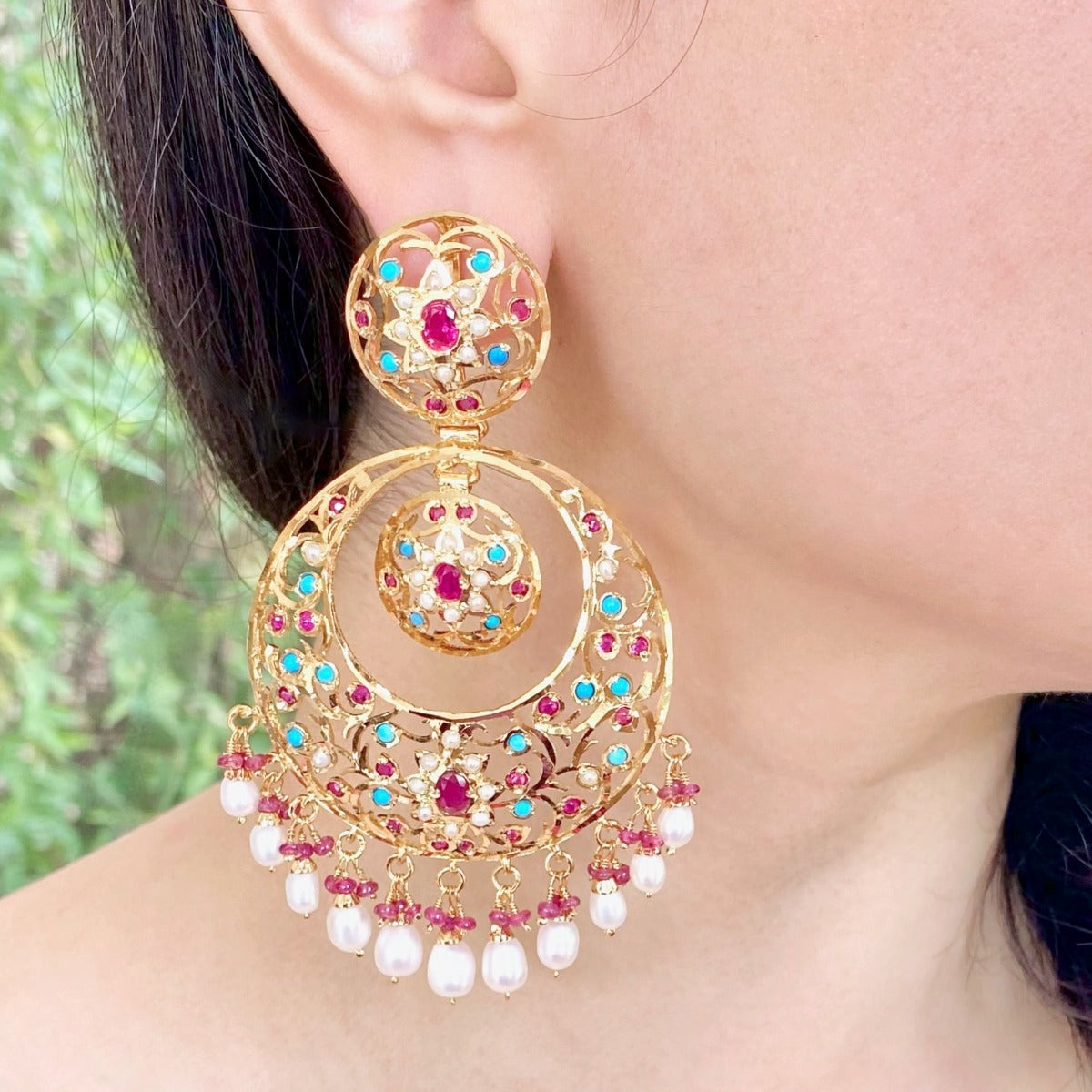 large chandbali earrings in sterling silver with gold plating