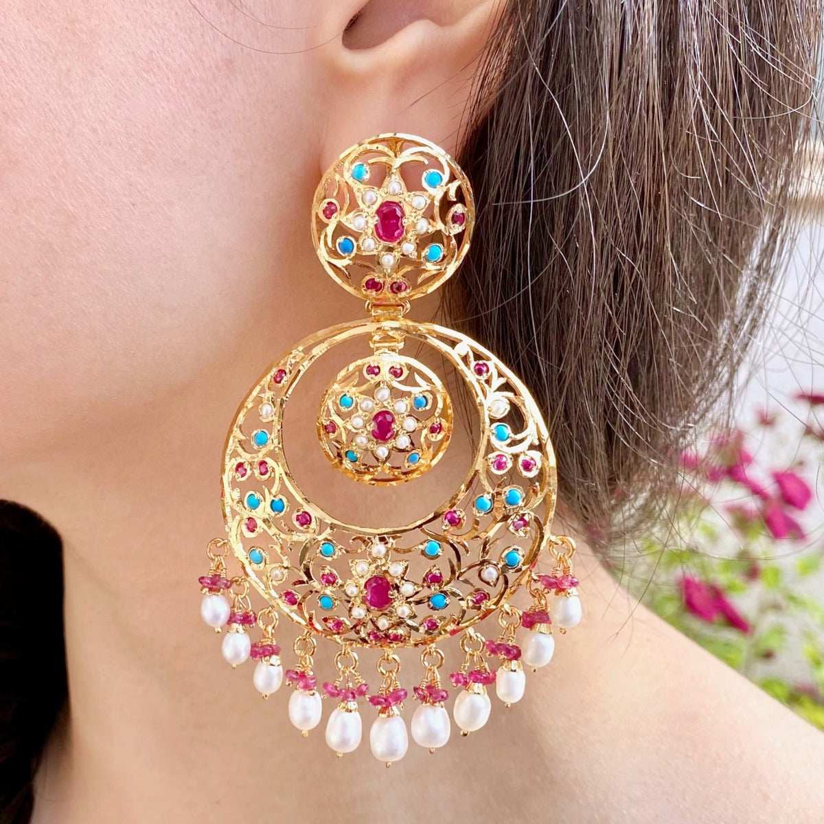 jadau chandbali earrings with pearl drops