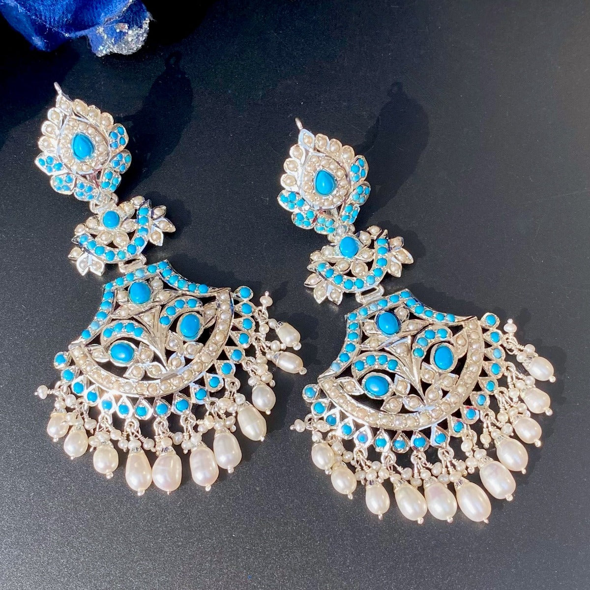 jadau earrings on silver with pearls and feroza