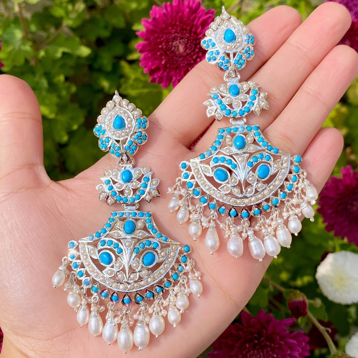 punjabi earrings with pearls and feroza on silver