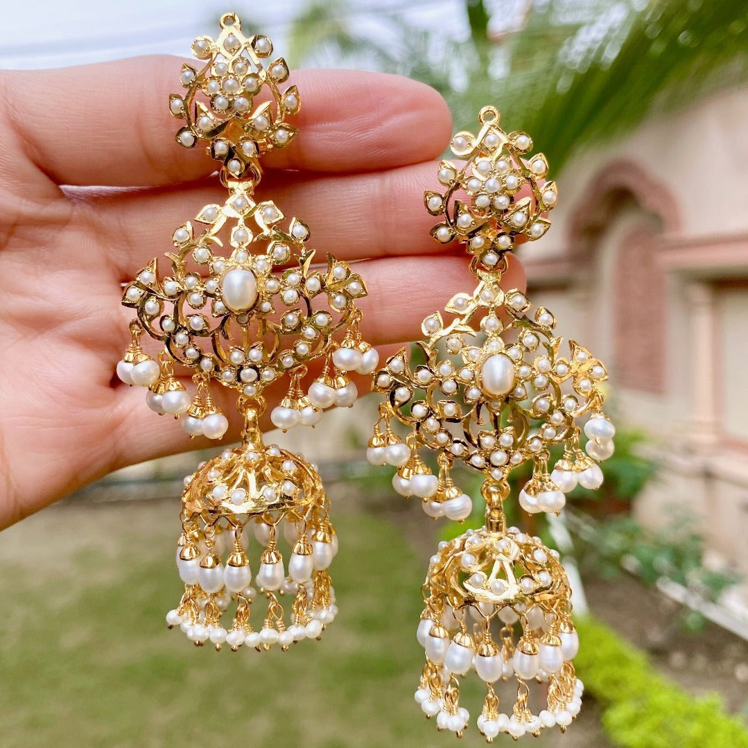 long pearl jhumka earrings antique design gold plated silver