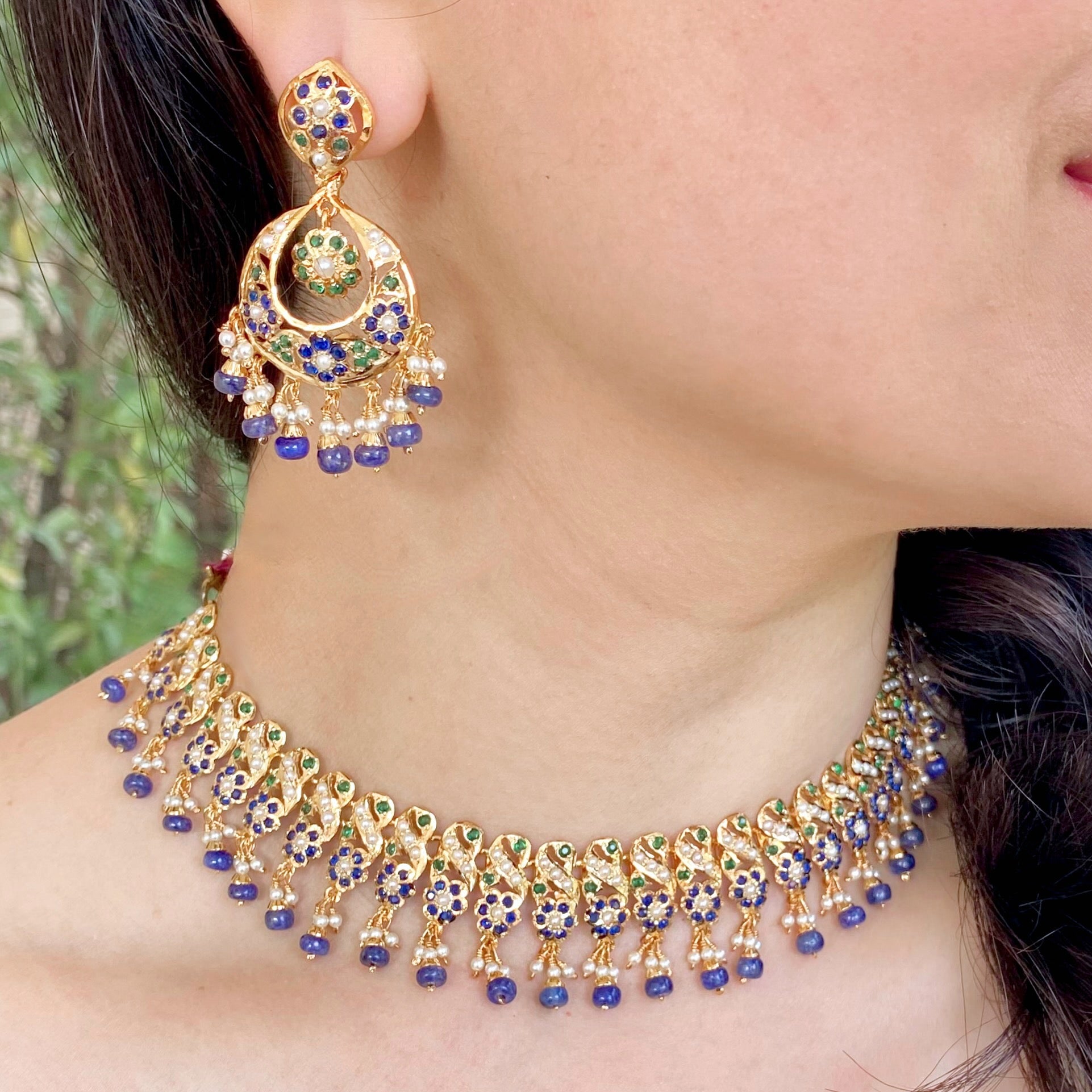 blue sapphire necklace set for women