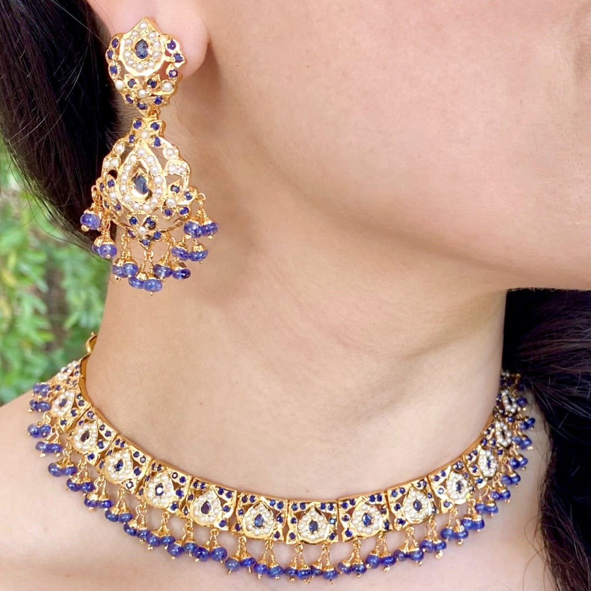jadau necklace set for women with blue stones