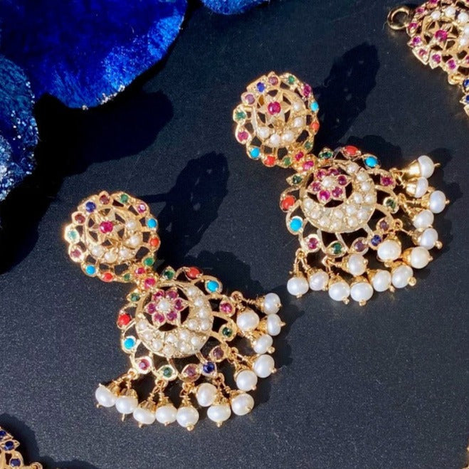 Dainty Navratna Earrings | Partywear Jadau Earrings ER 262E