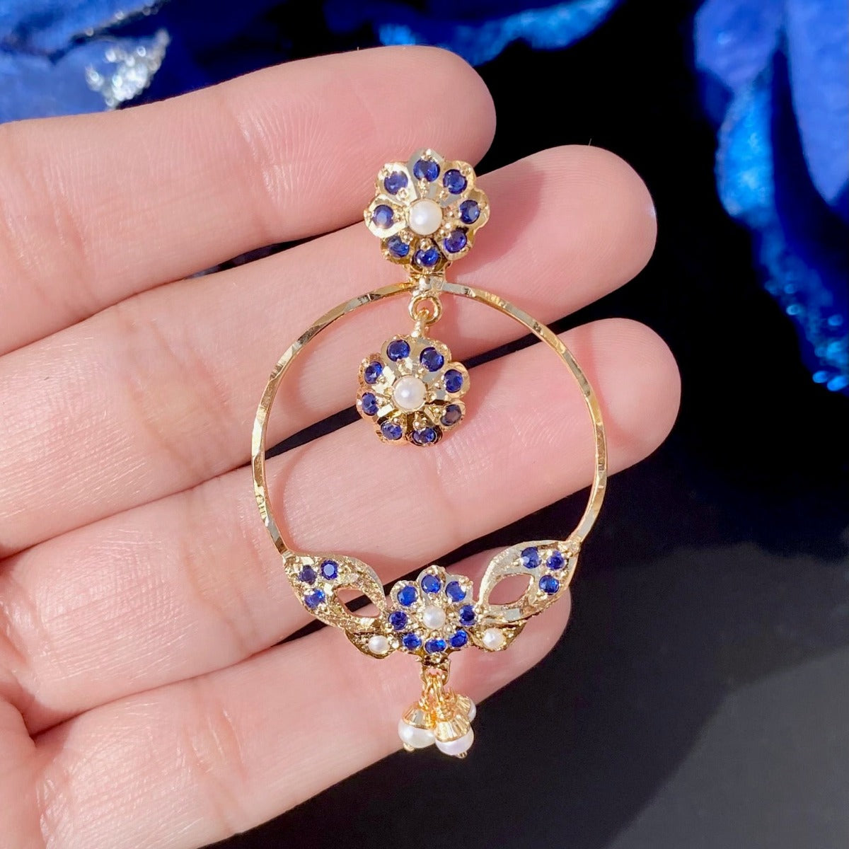 gold plated chandbali earrings with blue sapphires