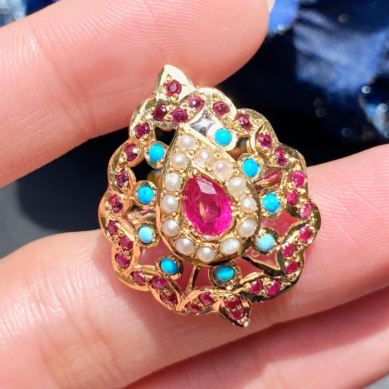 Turquoise Ruby Pearl Ring | Gold Plated Jadau Ladies Ring LR 052