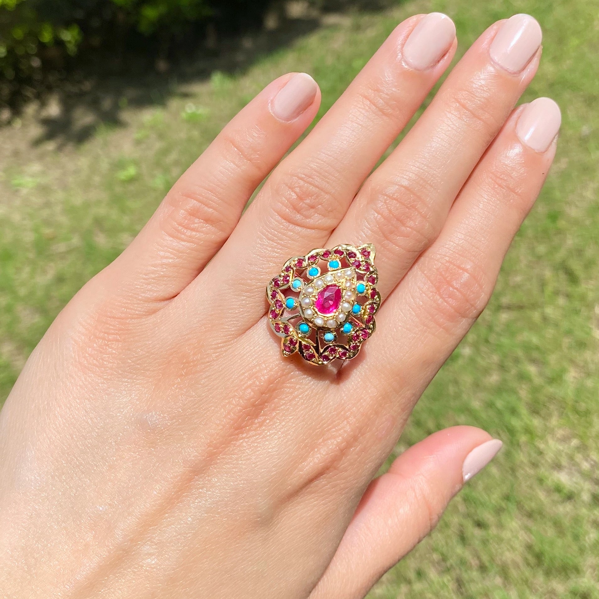 Turquoise Ruby Pearl Ring | Gold Plated Jadau Ladies Ring LR 052