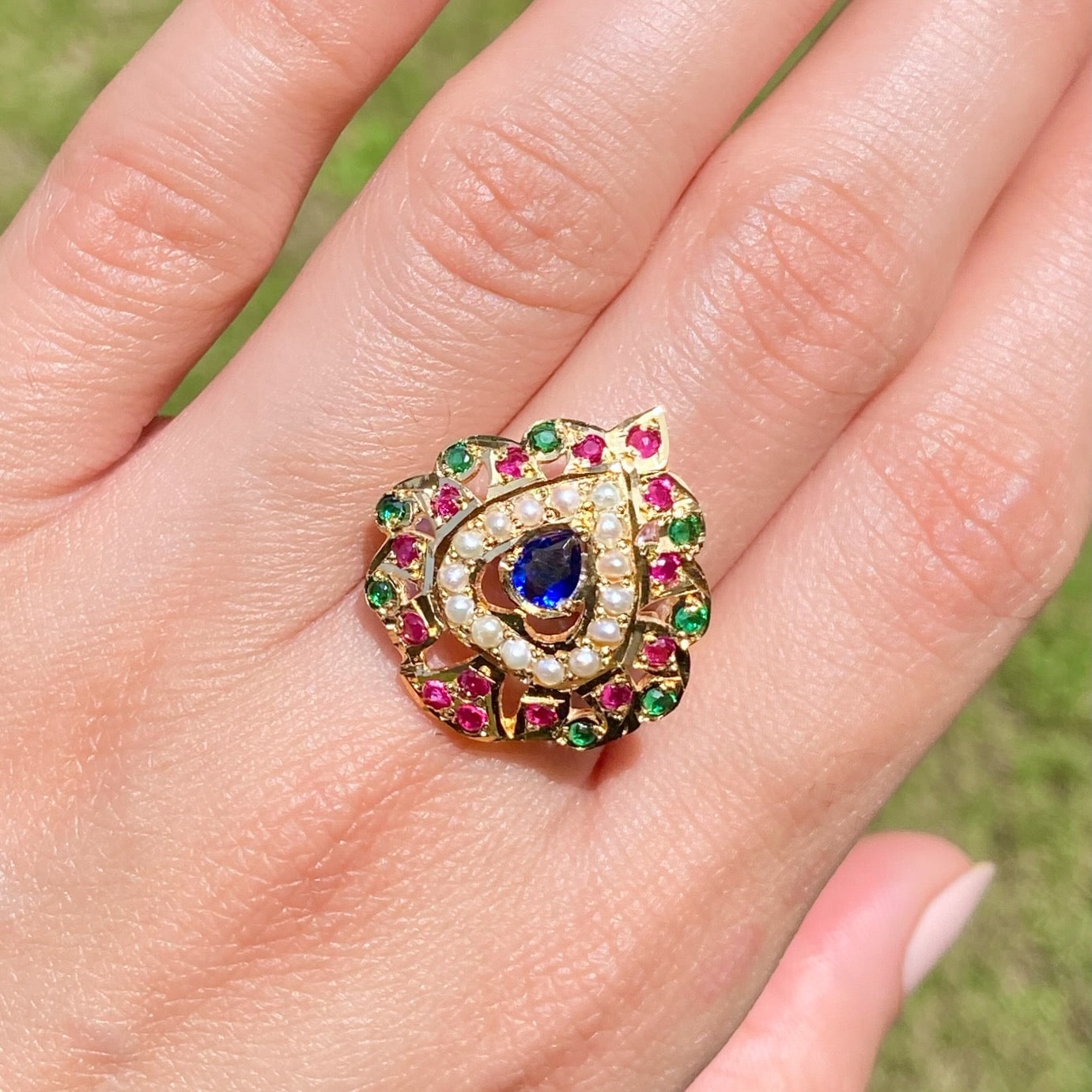 Multicoloured Jadau Ring | Gold Plated Silver Rings for Women | LR 054