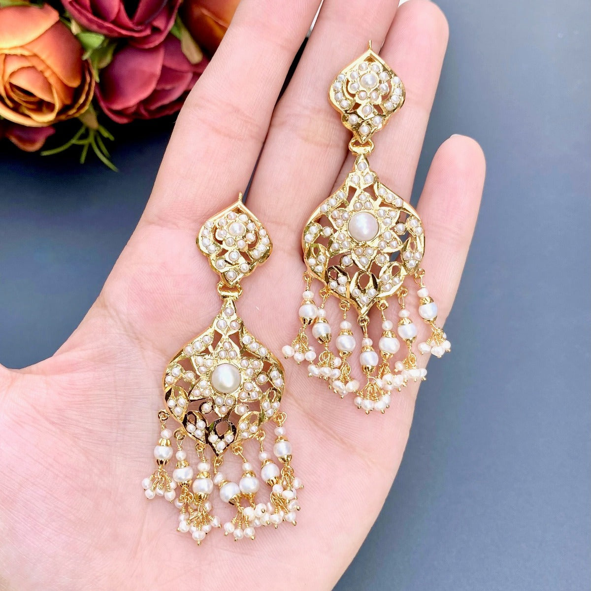 gold plated pearl danglers earrings