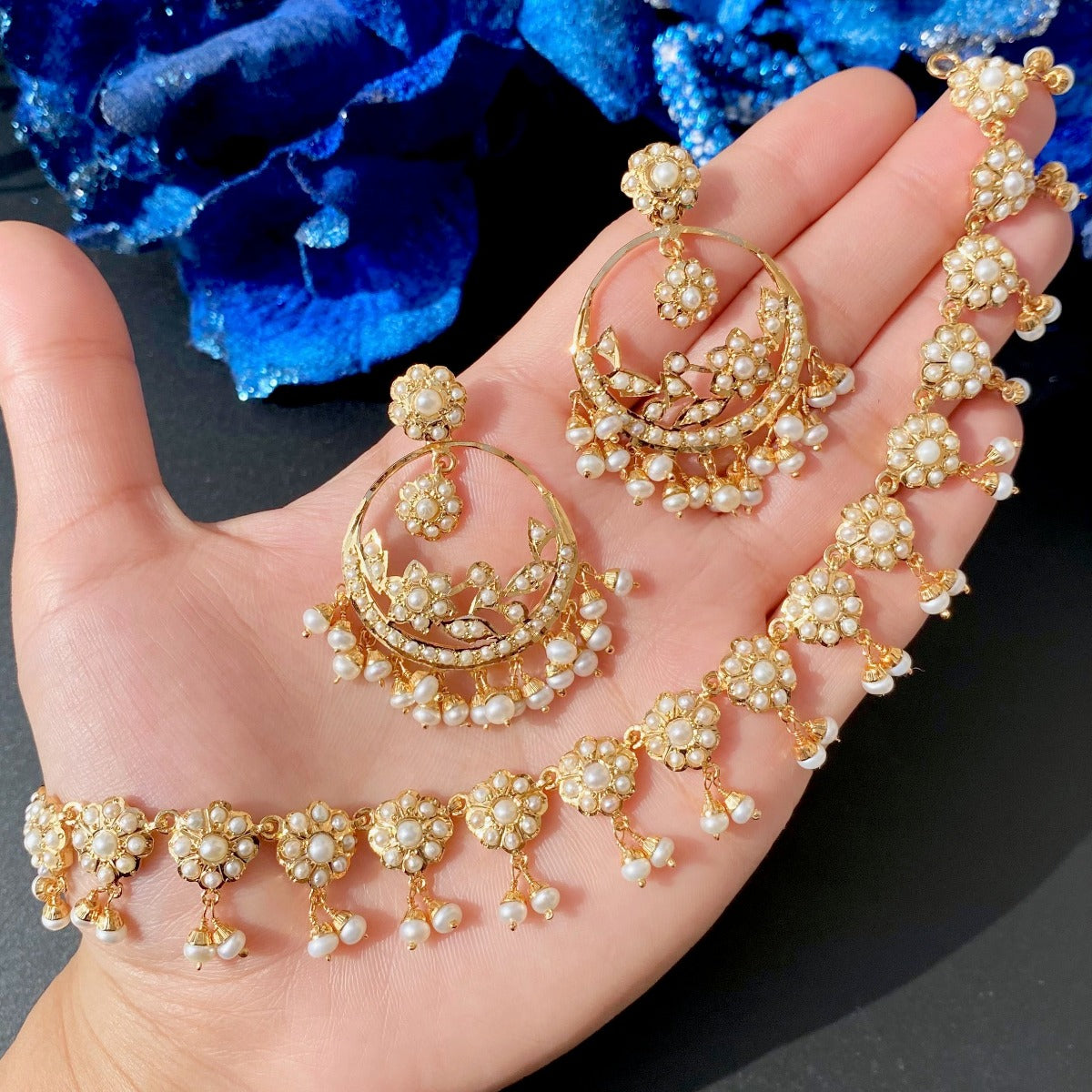 delicate pearl necklace set with chandbali earrings in gold plated sterling silver