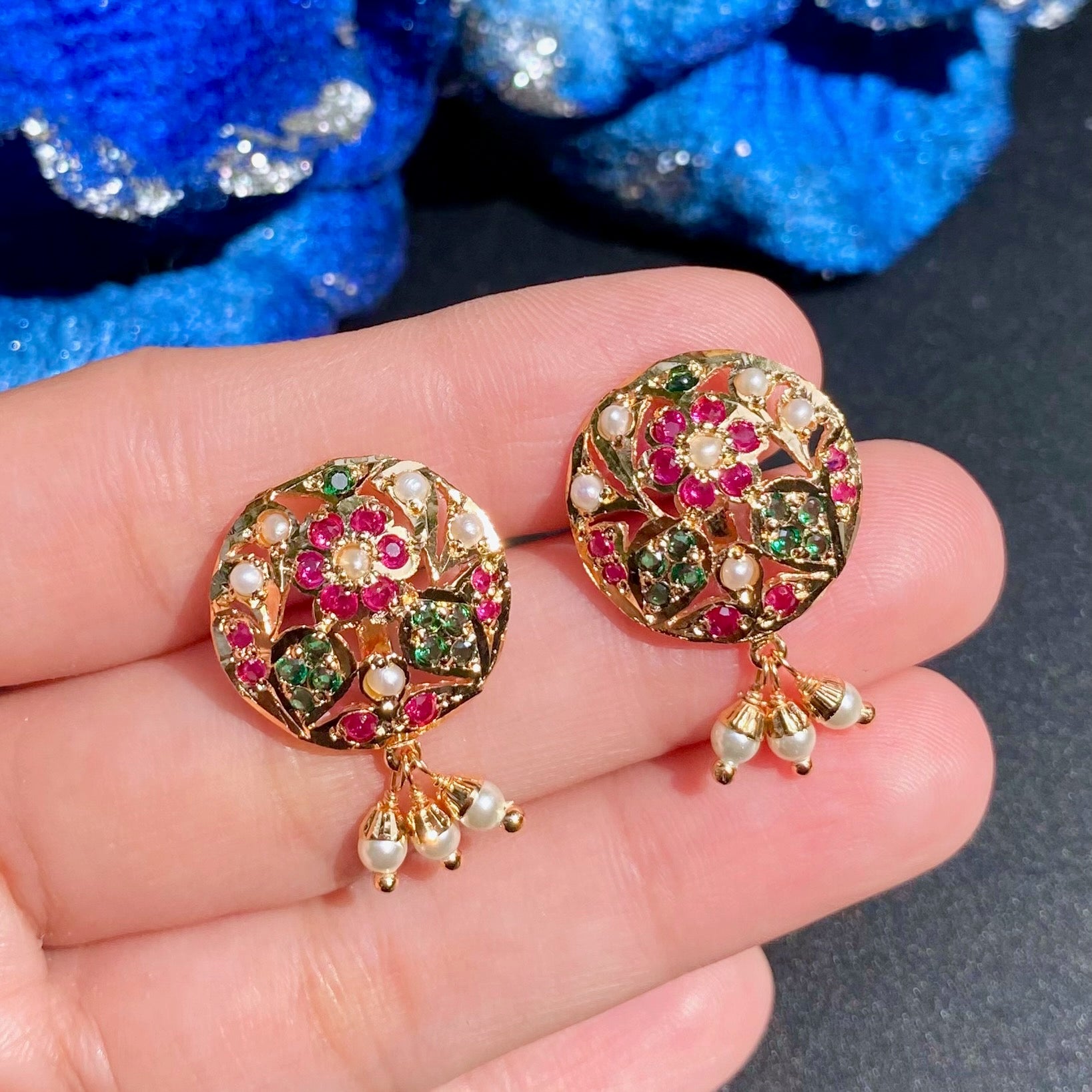 Multicolored Jadau Studs for Women | Artificial Jadau EarringsBER 042