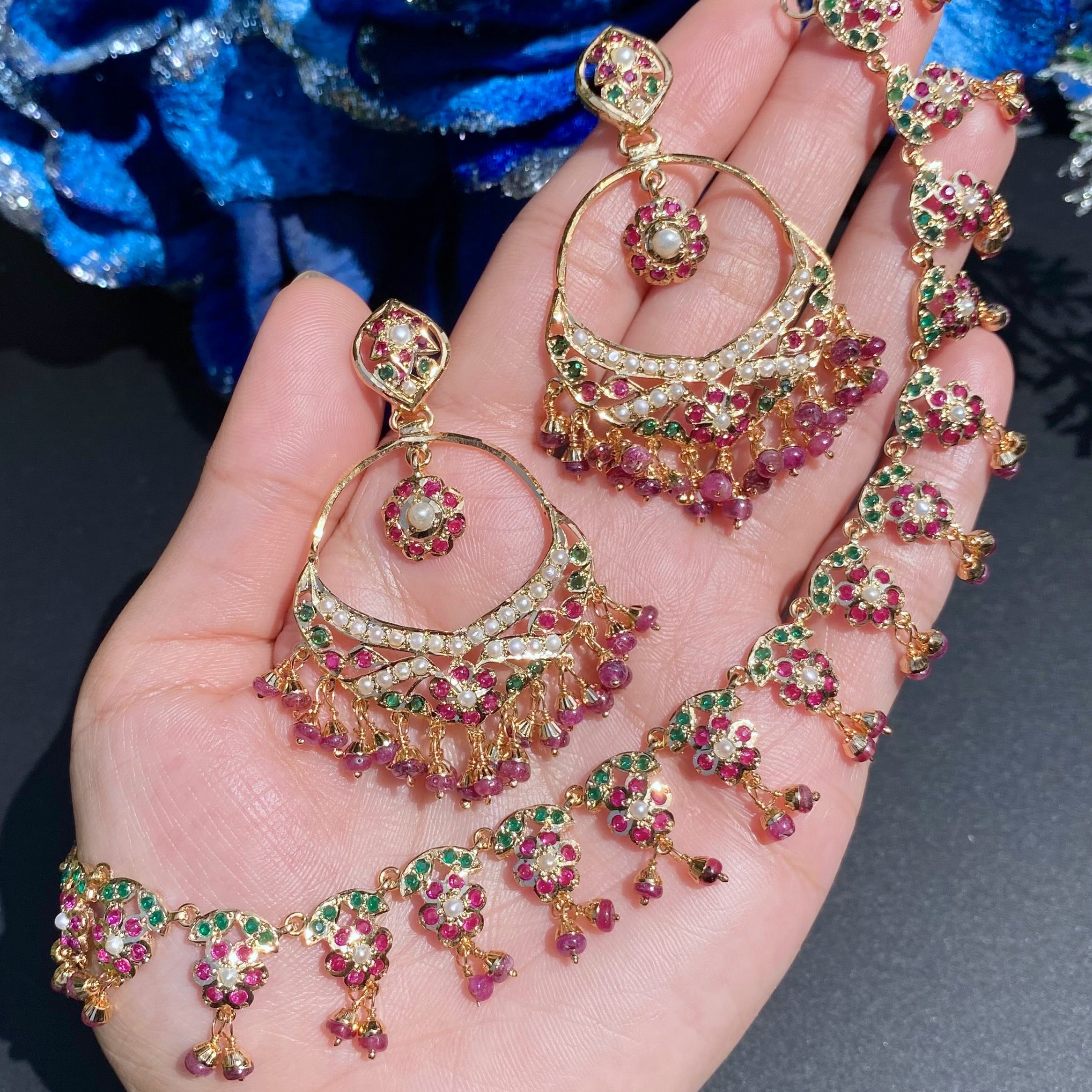 Delicate Jadau Necklace Set | Dainty Necklace & Chandbalis NS 484