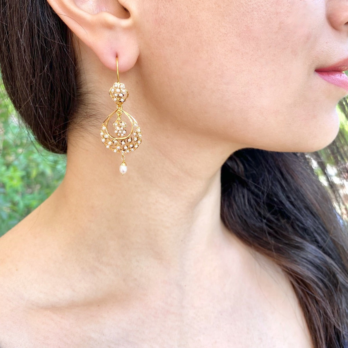 dainty pearl chandbali earrings in gold