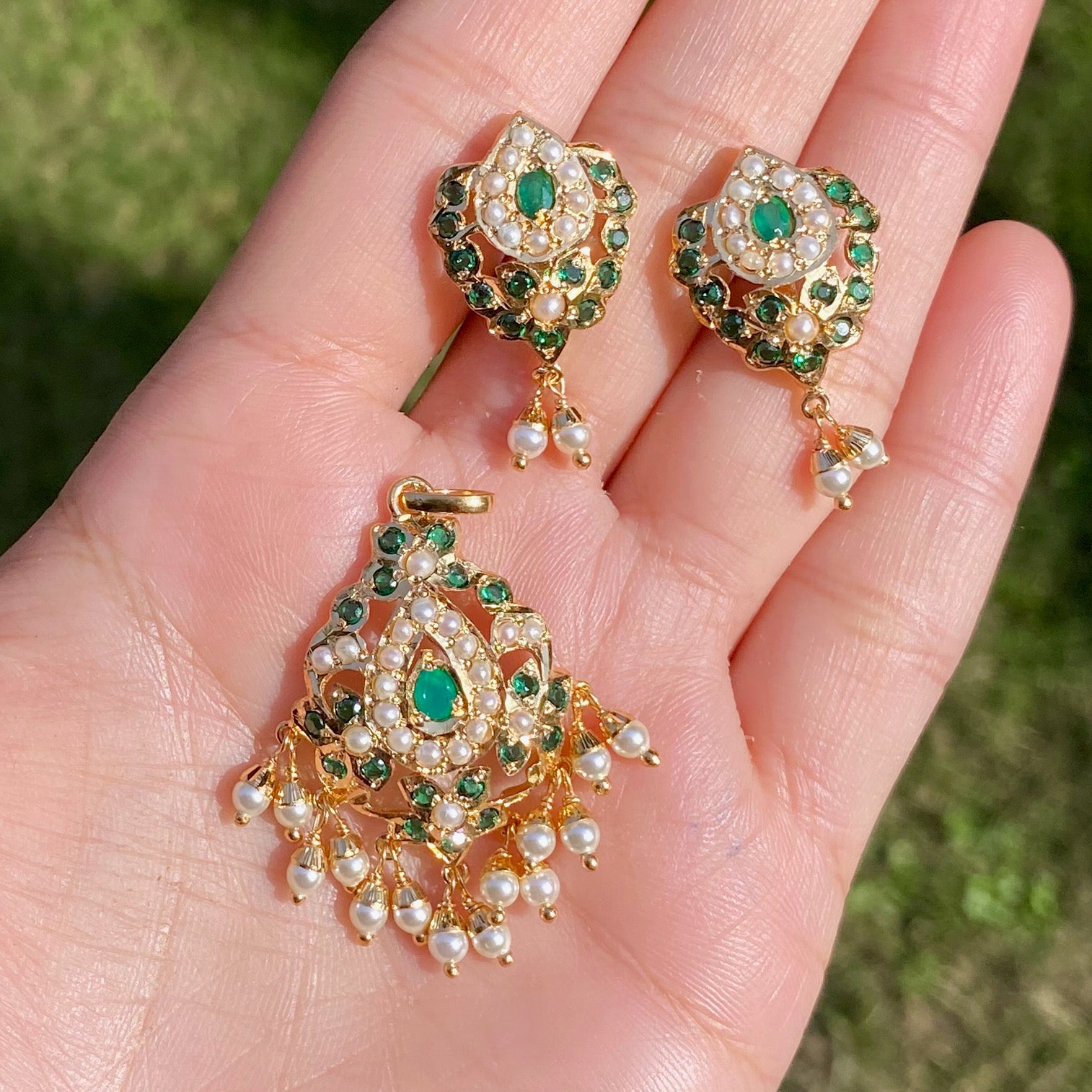 Green Pendant & Earrings | Artificial Jadau Jewelry Set BPS 005