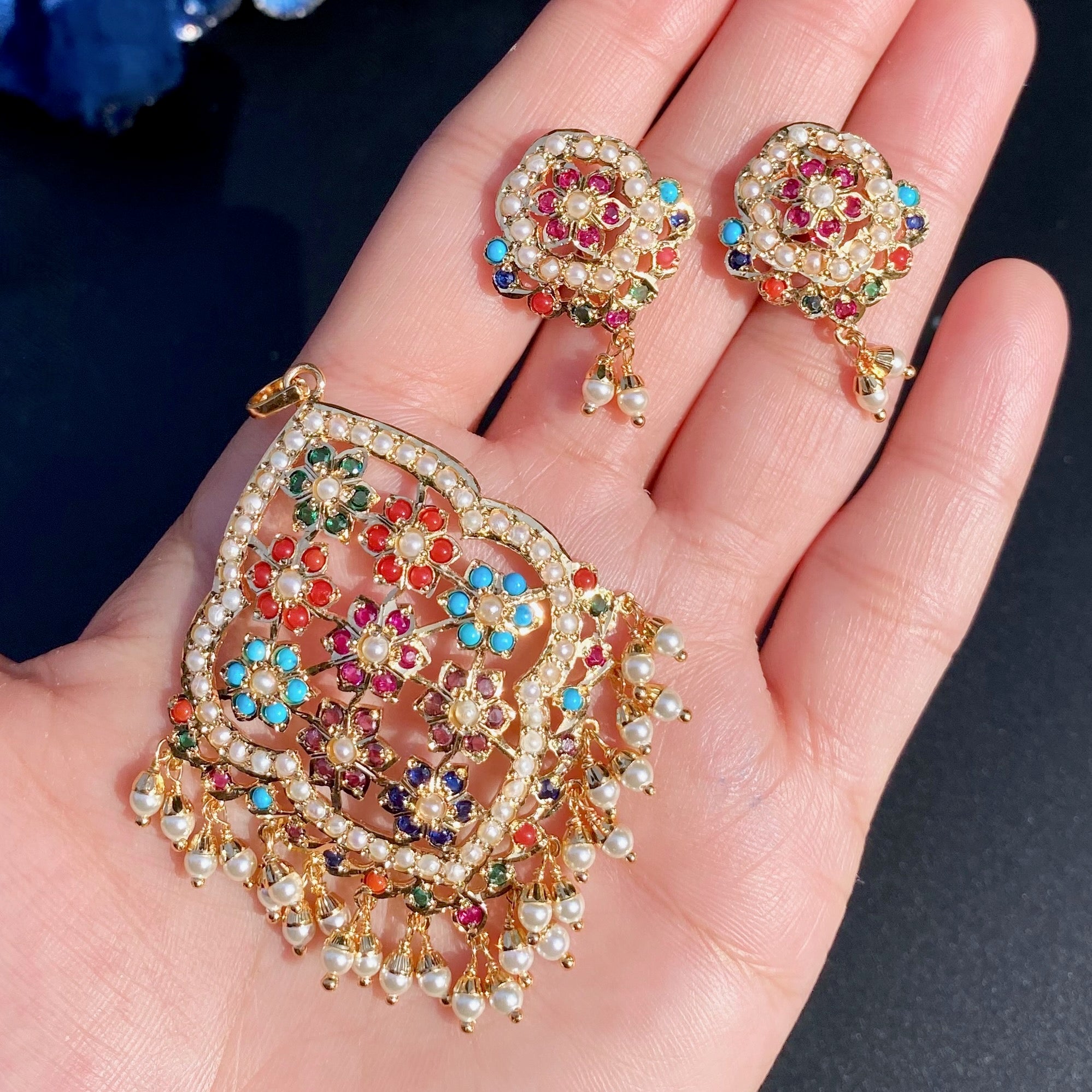 Navratna Pendant & Earrings | Artificial Jadau Jewelry Set BPS 003
