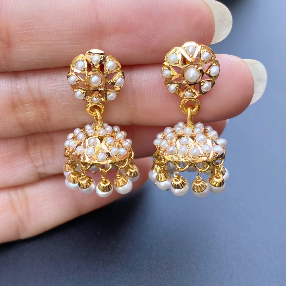 lightweight gold jhumkis, pearl jhumka in gold