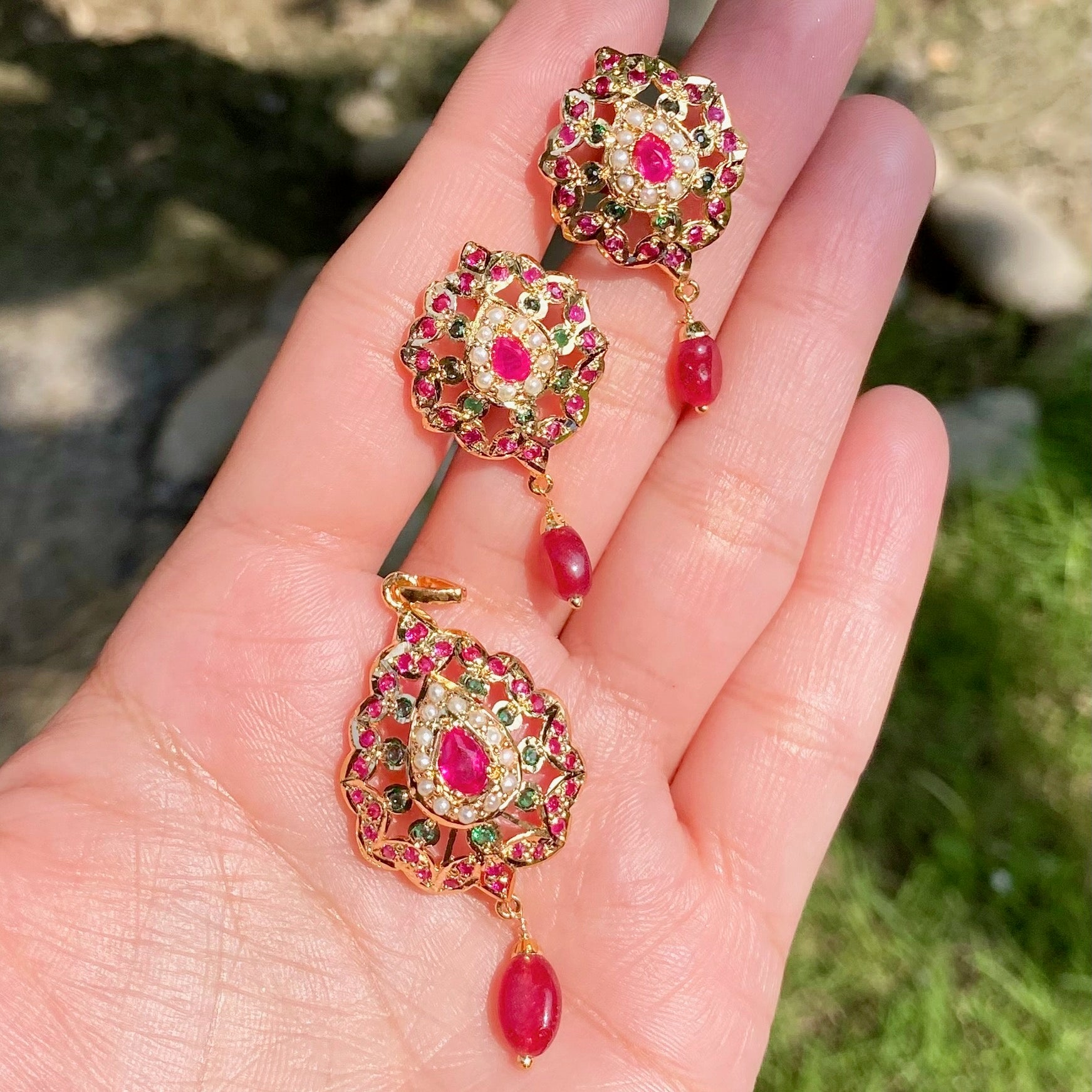 Gold Plated Jadau Pendant & Earrings Set | Premium Artificial Jewelry  BPS 009