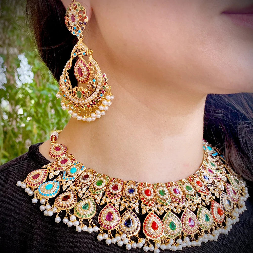 Statement Bridal Navrattan Necklace Set | Bridal Jadau Jewellery | Statement Jewellery Pieces | NS 498