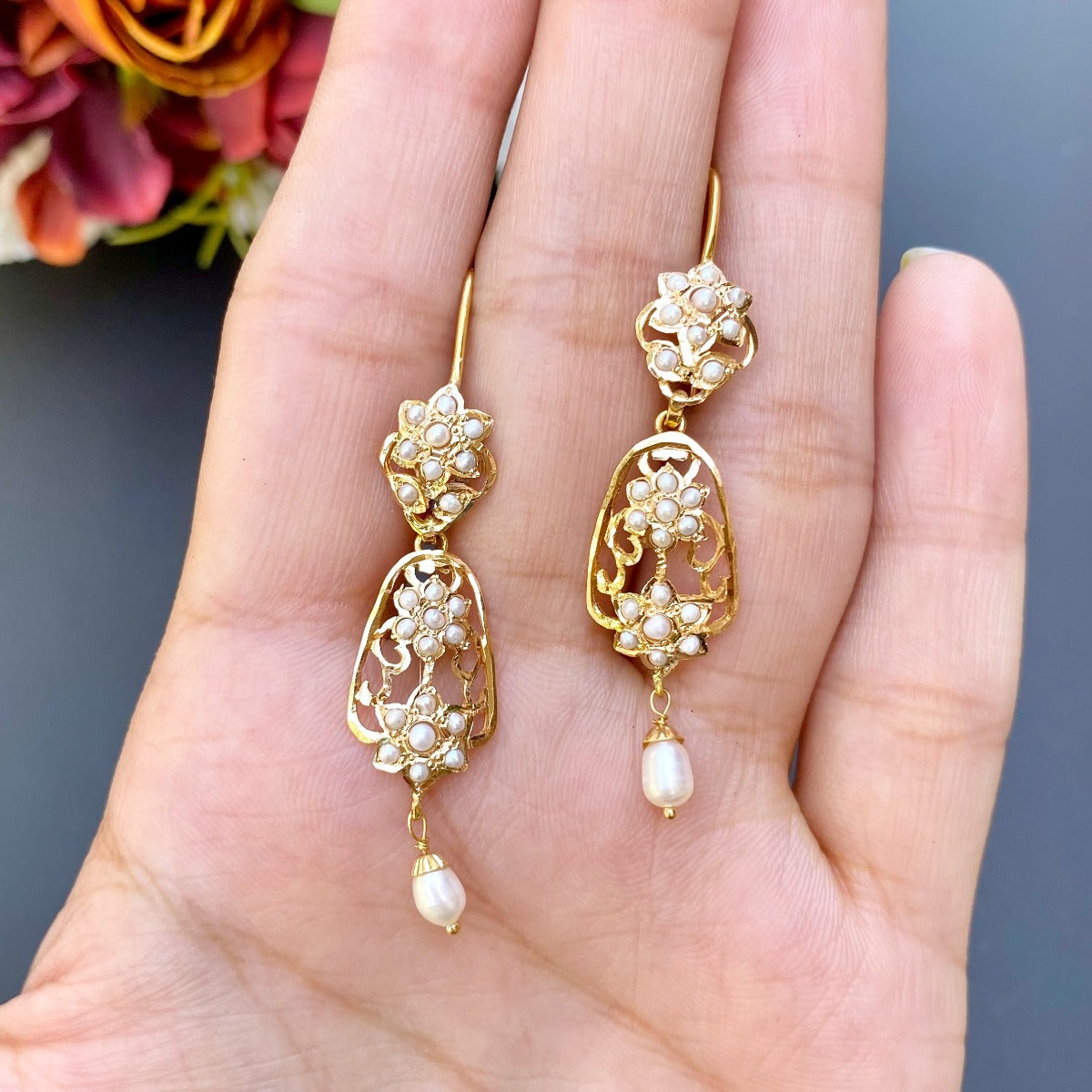 dainty western design pearl earrings in jadau